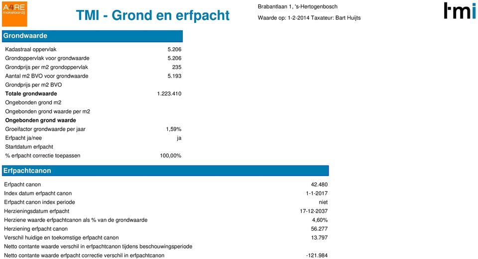 410 Ongebonden grond m2 Ongebonden grond waarde per m2 Ongebonden grond waarde Groeifactor grondwaarde per jaar 1,59% Erfpacht ja/nee ja Startdatum erfpacht % erfpacht correctie toepassen 100,00%