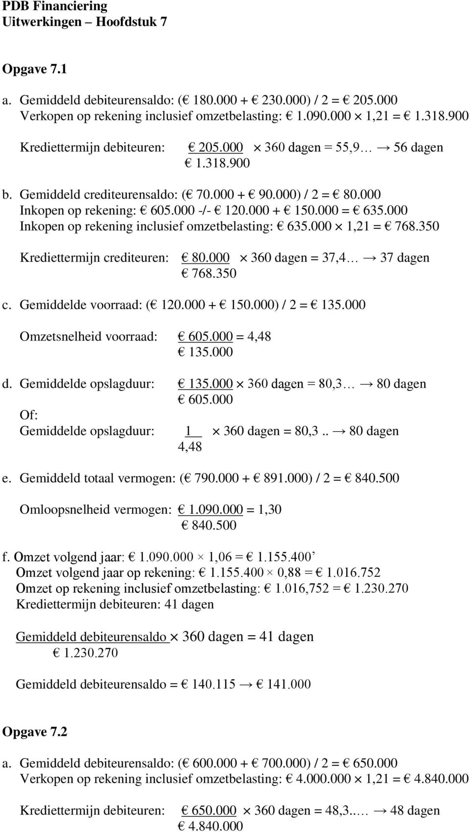 000 Inkopen op rekening inclusief omzetbelasting: 635.000 1,21 = 768.350 Krediettermijn crediteuren: 80.000 360 dagen = 37,4 37 dagen 768.350 c. Gemiddelde voorraad: ( 120.000 + 150.000) / 2 = 135.