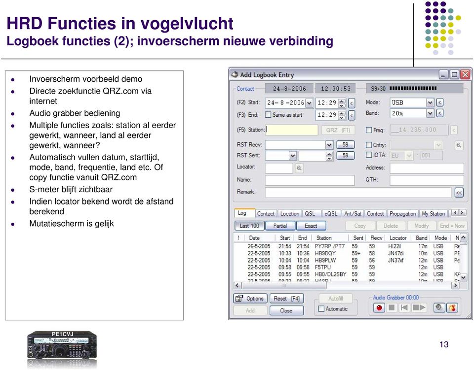 com via internet Audio grabber bediening Multiple functies zoals: station al eerder gewerkt, wanneer, land al eerder