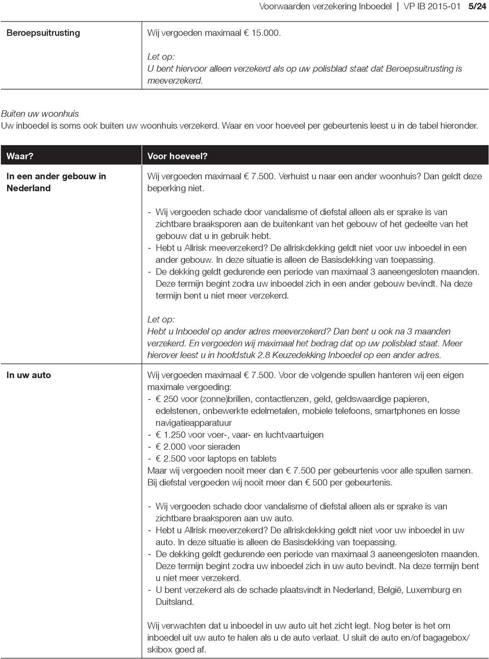 Waar en voor hoeveel per gebeurtenis leest u in de tabel hieronder. Waar? In een ander gebouw in Nederland Voor hoeveel? Wij vergoeden maximaal 7.500. Verhuist u naar een ander woonhuis?