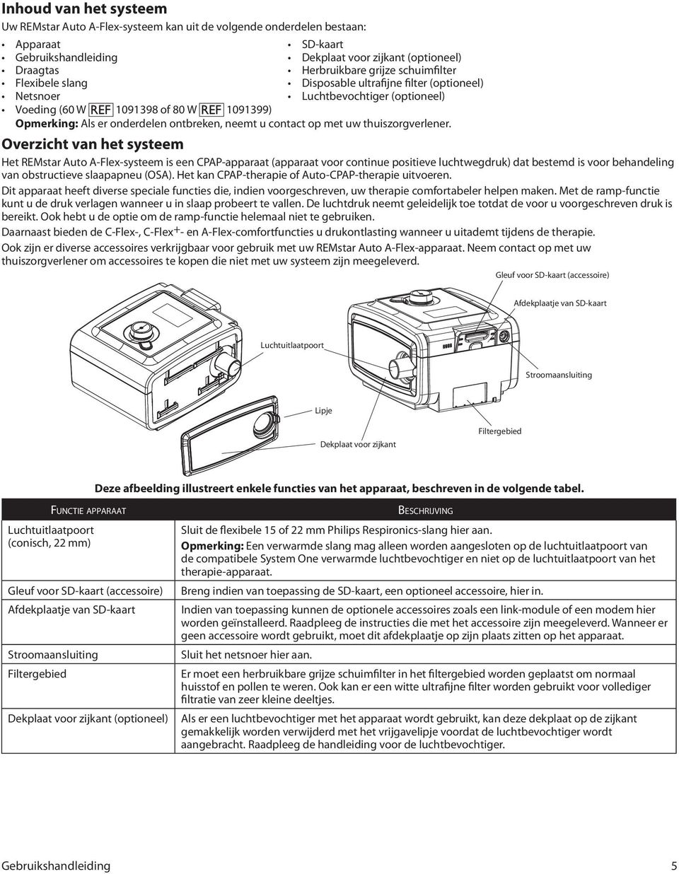 Overzicht van het systeem Het REMstar Auto A-Flex-systeem is een CPAP-apparaat (apparaat voor continue positieve luchtwegdruk) dat bestemd is voor behandeling van obstructieve slaapapneu (OSA).