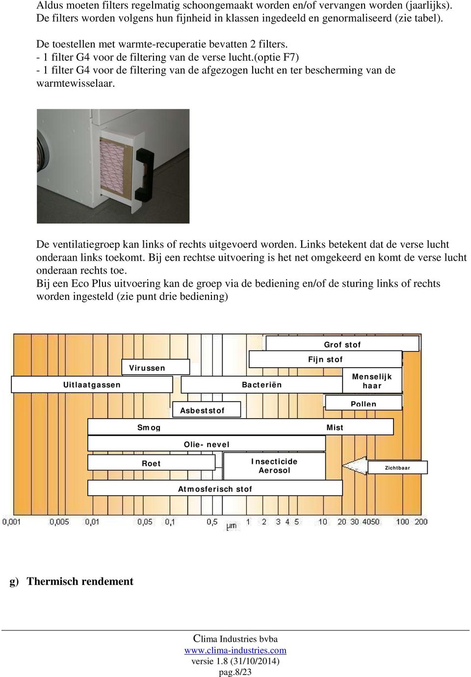 (optie F7) - 1 filter G4 voor de filtering van de afgezogen lucht en ter bescherming van de warmtewisselaar. De ventilatiegroep kan links of rechts uitgevoerd worden.