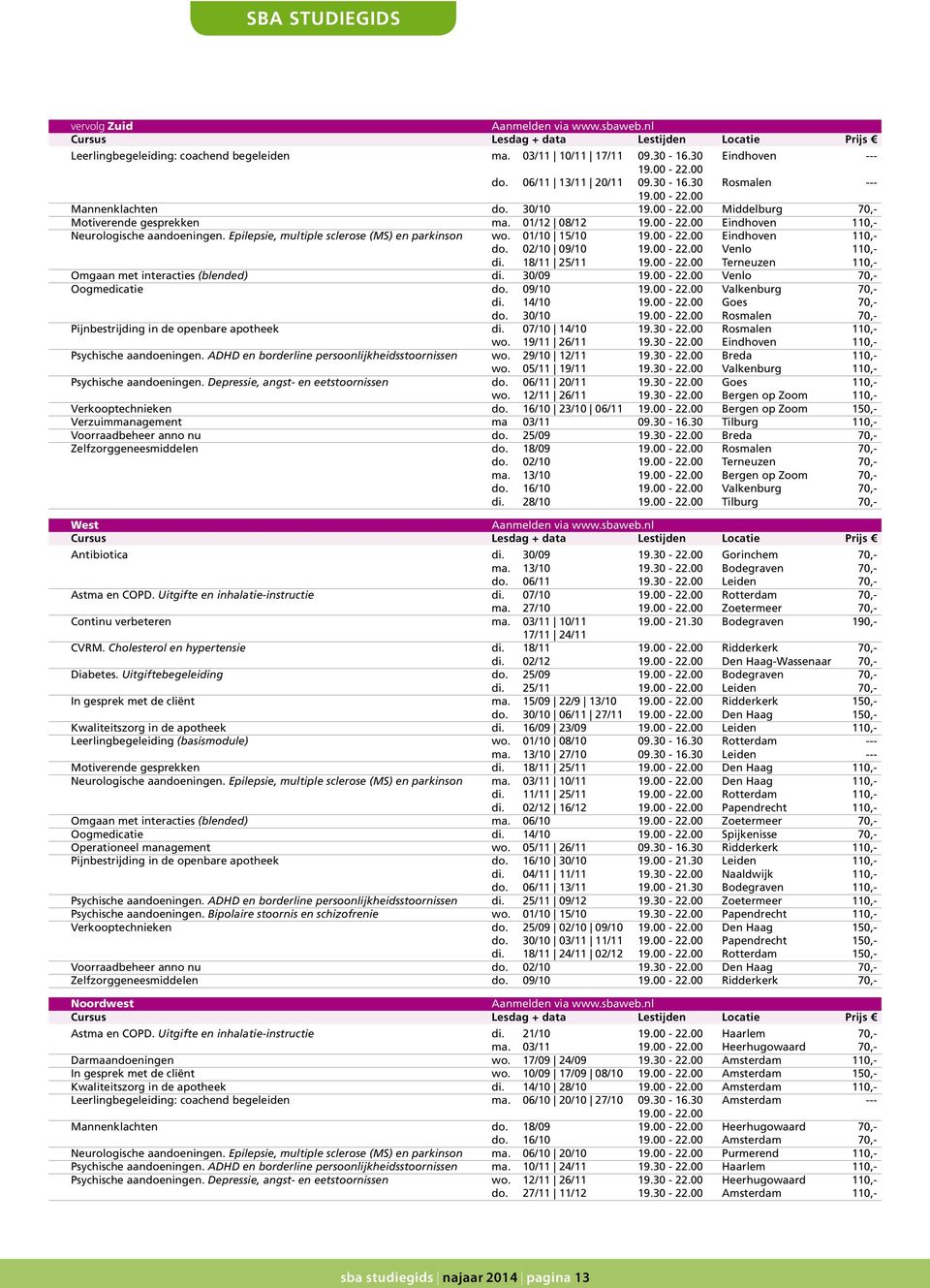 pilepsie, multiple sclerose (MS) en parkinson wo. 1/1 15/1 19. -. indhoven 11,- do. /1 9/1 19. -. Venlo 11,- di. 18/11 5/11 19. -. Terneuzen 11,- Omgaan met interacties (blended) di. /9 19. -. Venlo 7,- Oogmedicatie do.