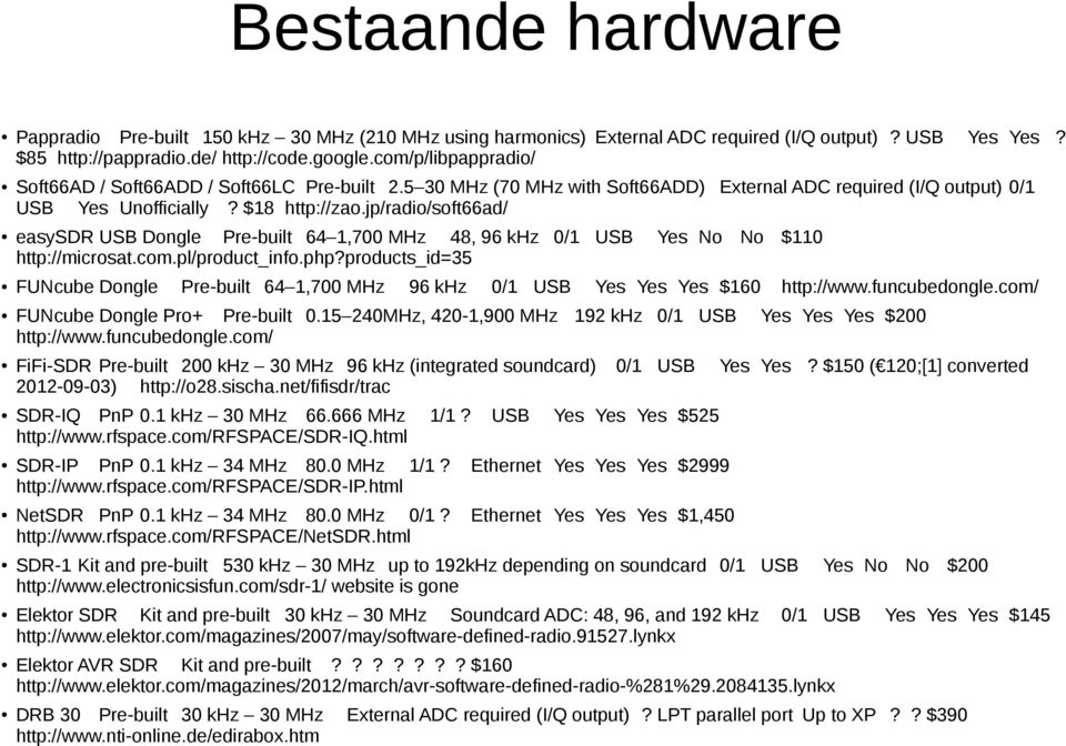 jp/radio/soft66ad/ easysdr USB Dongle Pre-built 64 1,700 MHz 48, 96 khz 0/1 USB Yes No No $110 http://microsat.com.pl/product_info.php?