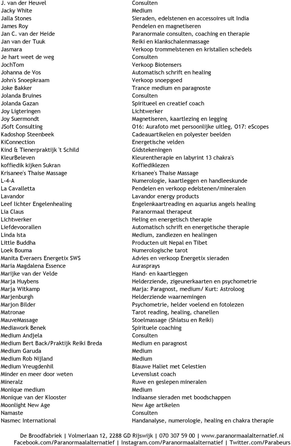 Biotensers Johanna de Vos Automatisch schrift en healing John's Snoepkraam Verkoop snoepgoed Joke Bakker Trance medium en paragnoste Jolanda Bruines Jolanda Gazan Spiritueel en creatief coach Joy