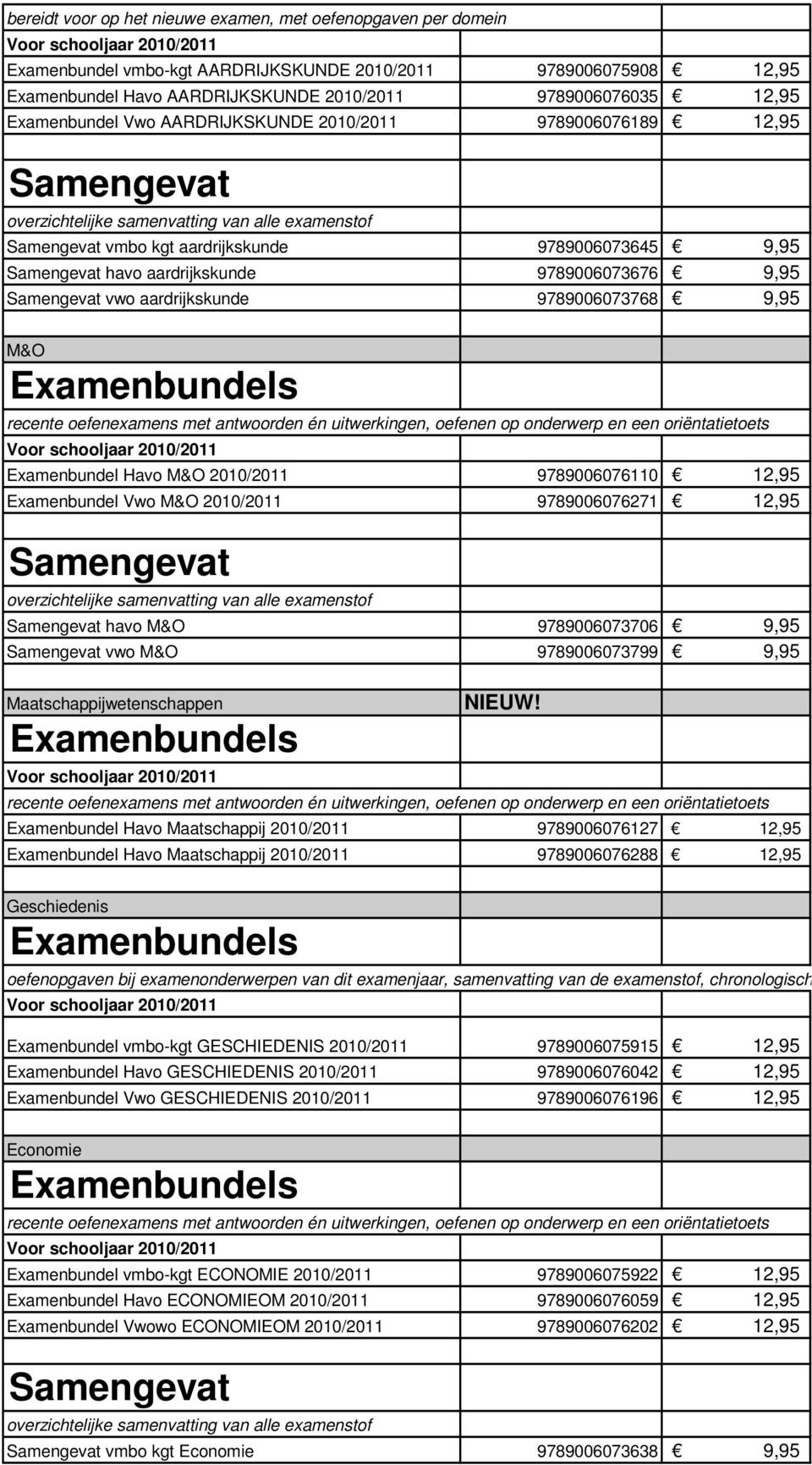 Samengevat havo aardrijkskunde 9789006073676 9,95 Samengevat vwo aardrijkskunde 9789006073768 9,95 M&O Examenbundels recente oefenexamens met antwoorden én uitwerkingen, oefenen op onderwerp en een