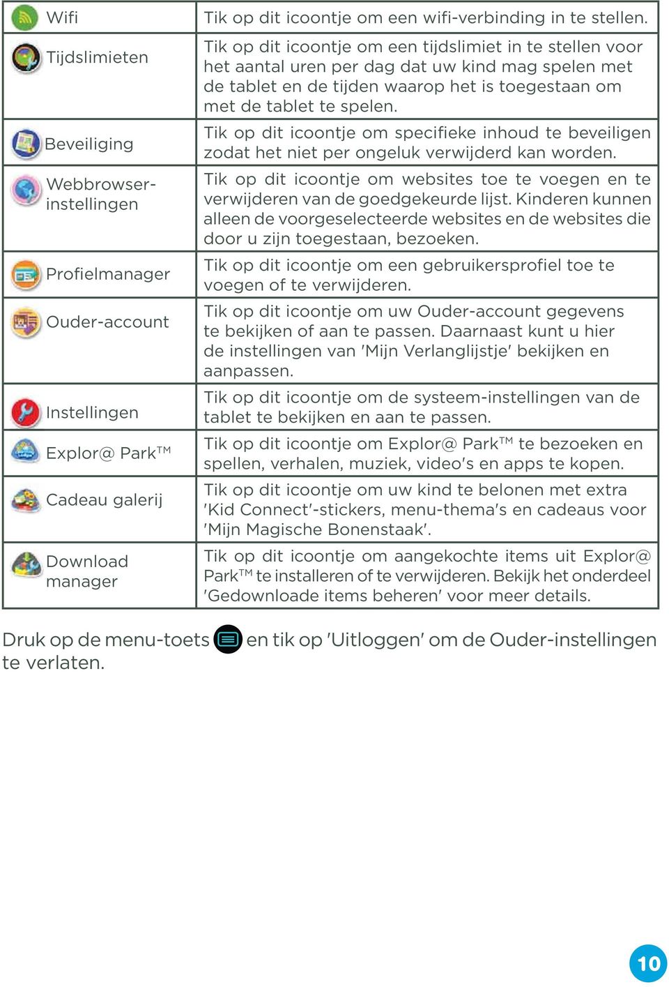 Tik op dit icoontje om specifieke inhoud te beveiligen zodat het niet per ongeluk verwijderd kan worden. Tik op dit icoontje om websites toe te voegen en te verwijderen van de goedgekeurde lijst.