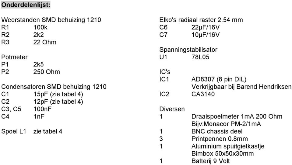 54 mm C6 22µF/16V C7 10µF/16V Spanningstabilisator U1 78L05 IC's IC1 IC2 (8 pin DIL) Verkrijgbaar bij Barend Hendriksen CA3140