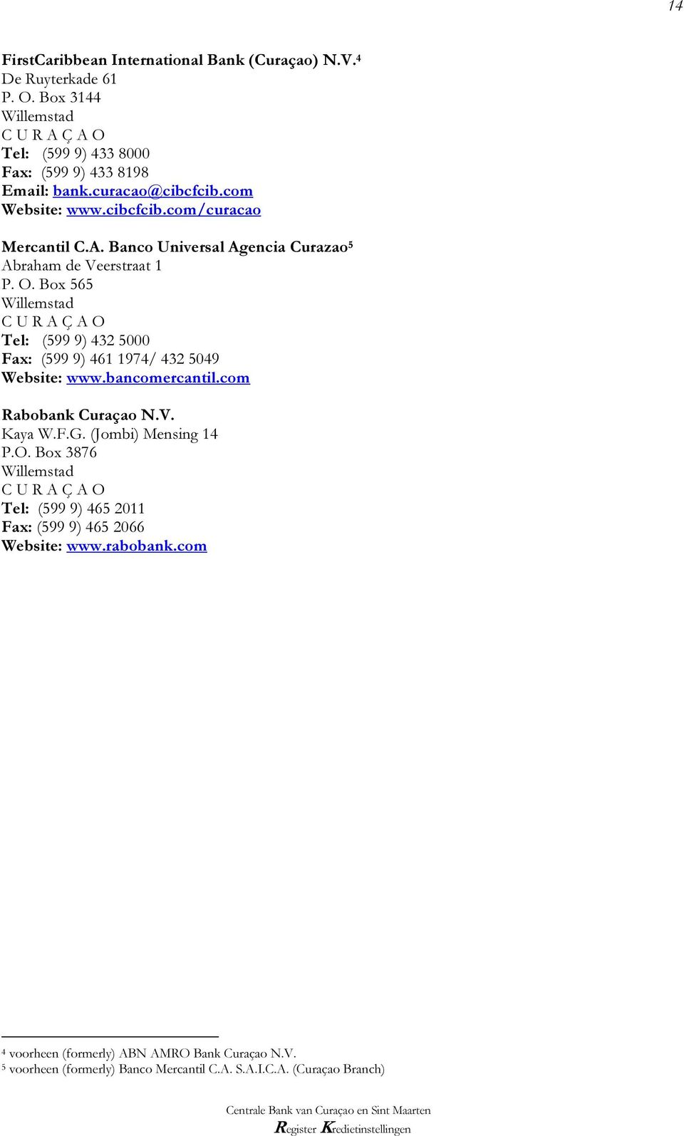 Box 565 Tel: (599 9) 432 5000 Fax: (599 9) 461 1974/ 432 5049 Website: www.bancomercantil.com Rabobank Curaçao N.V. Kaya W.F.G. (Jombi) Mensing 14 P.O.