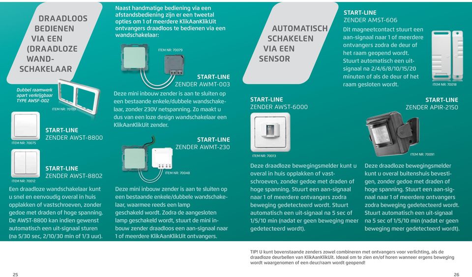 enkele/dubbele wandschakelaar, zonder 0V netspanning. Zo maakt u dus van een loze design wandschakelaar een KlikAanKlikUit zender.