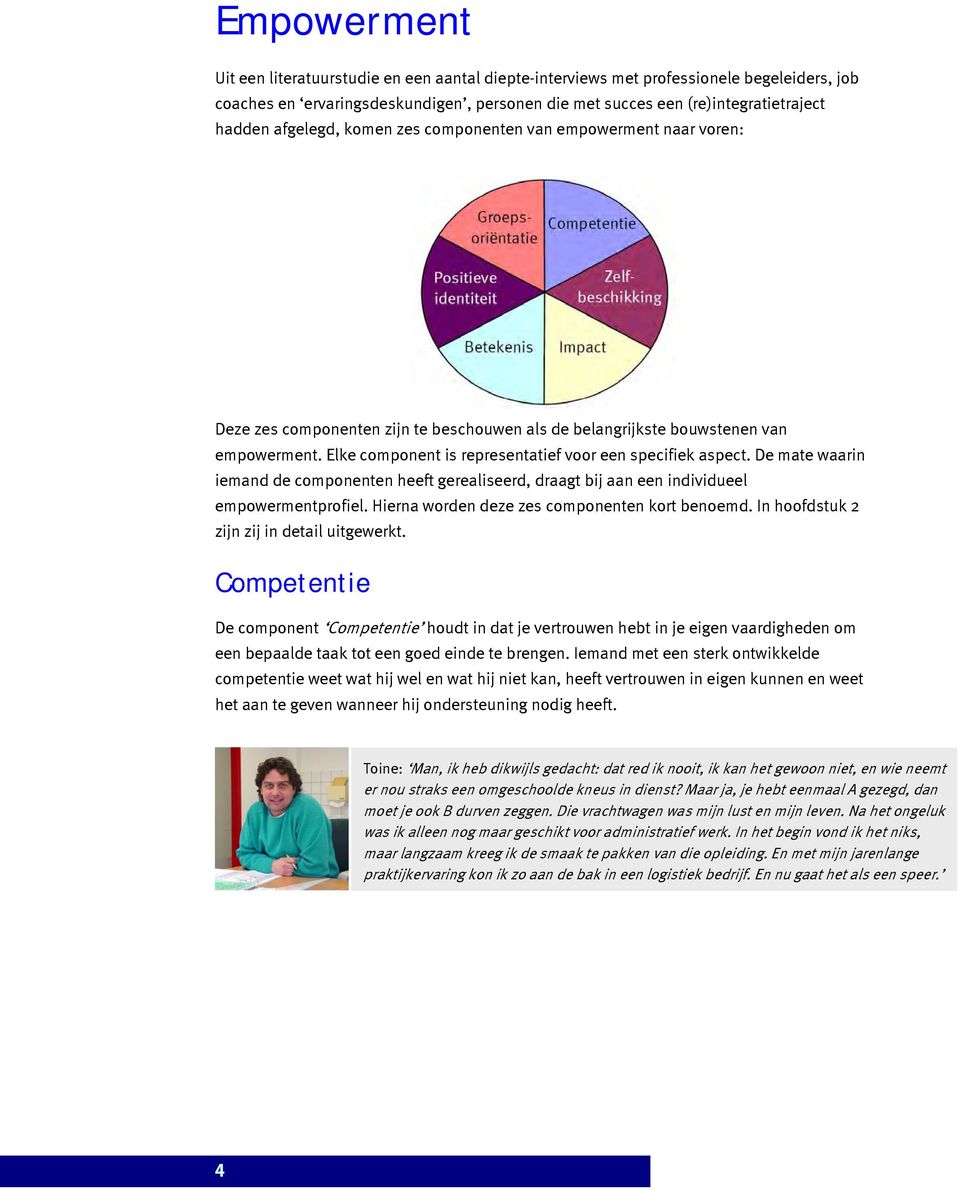 Elke component is representatief voor een specifiek aspect. De mate waarin iemand de componenten heeft gerealiseerd, draagt bij aan een individueel empowermentprofiel.