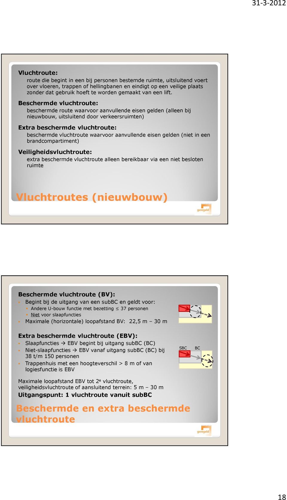 Beschermde vluchtroute: beschermde route waarvoor aanvullende eisen gelden (alleen bij nieuwbouw, uitsluitend door verkeersruimten) Extra beschermde vluchtroute: beschermde vluchtroute waarvoor