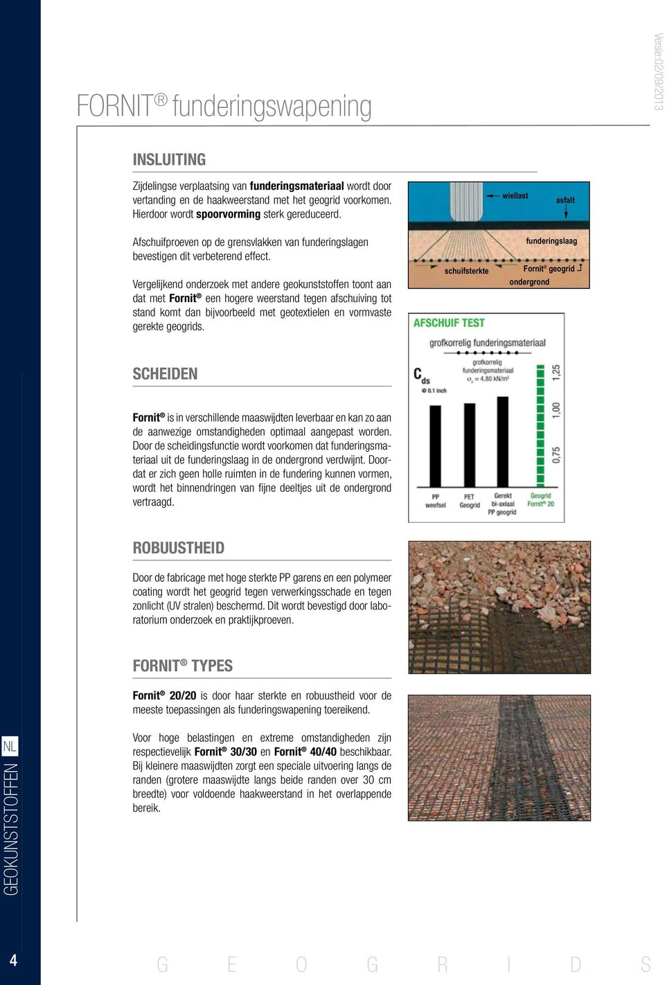 Vergelijkend onderzoek met andere geokunststoffen toont aan dat met Fornit een hogere weerstand tegen afschuiving tot stand komt dan bijvoorbeeld met geotextielen en vormvaste gerekte geogrids.