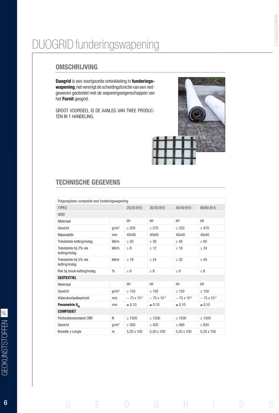 TECHNISCHE GEGEVENS NL GEOKUNSTSTOFFEN Polypropyleen composiet voor funderingswapening TYPES 20/20 B15 30/30 B15 40/40 B15 60/60 B15 GRID Materiaal PP PP PP PP Gewicht gr/m 2 200 270 330 470