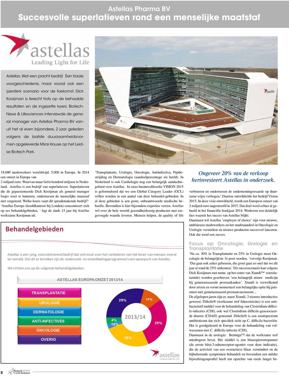 Biotech- News & Lifesciences interviewde de general manager van Astellas Pharma BV vanuit het al even bijzondere, 2 jaar geleden volgens de laatste duurzaamheidsnormen opgeleverde Mirai House op het