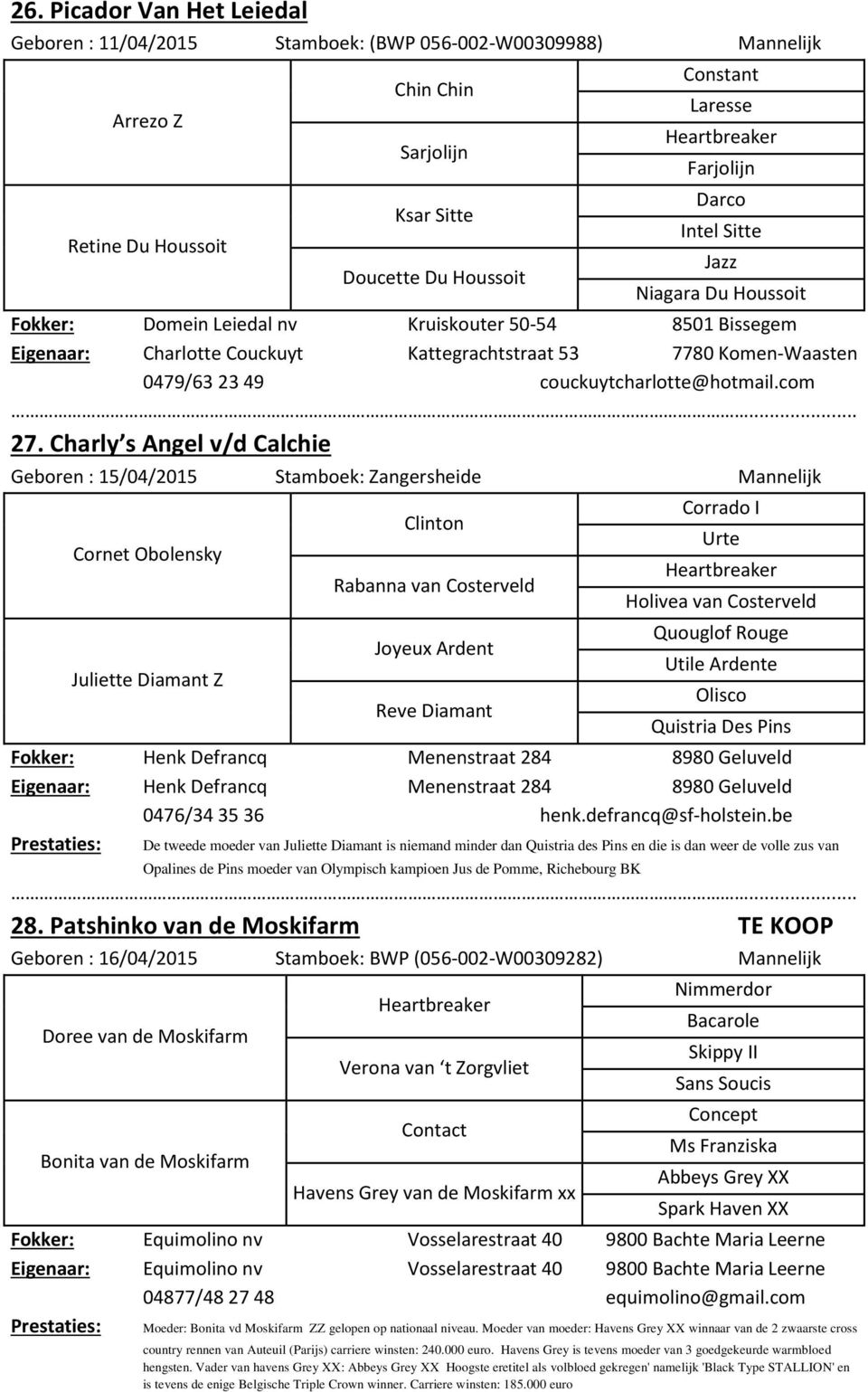 Charly s Angel v/d Calchie Geboren : 15/04/2015 Stamboek: Zangersheide Mannelijk Cornet Obolensky Juliette Diamant Z Chin Chin Sarjolijn Ksar Sitte Doucette Du Houssoit Constant Laresse Heartbreaker