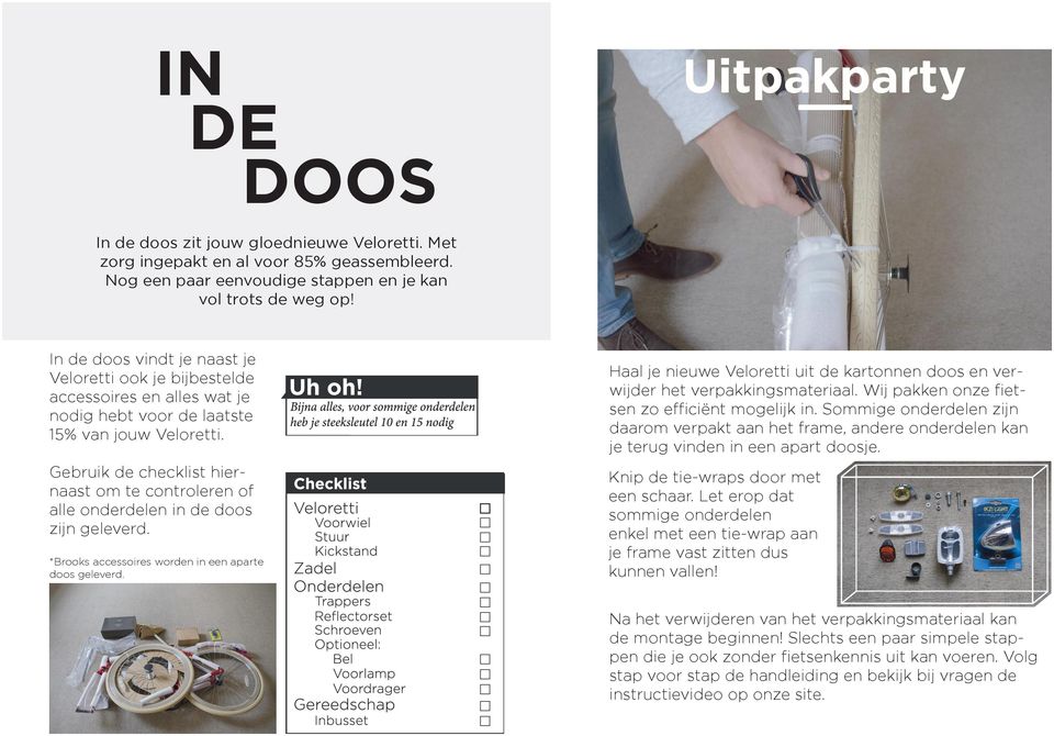 Gebruik de checklist hiernaast om te controleren of alle onderdelen in de doos zijn geleverd. *Brooks accessoires worden in een aparte doos geleverd.