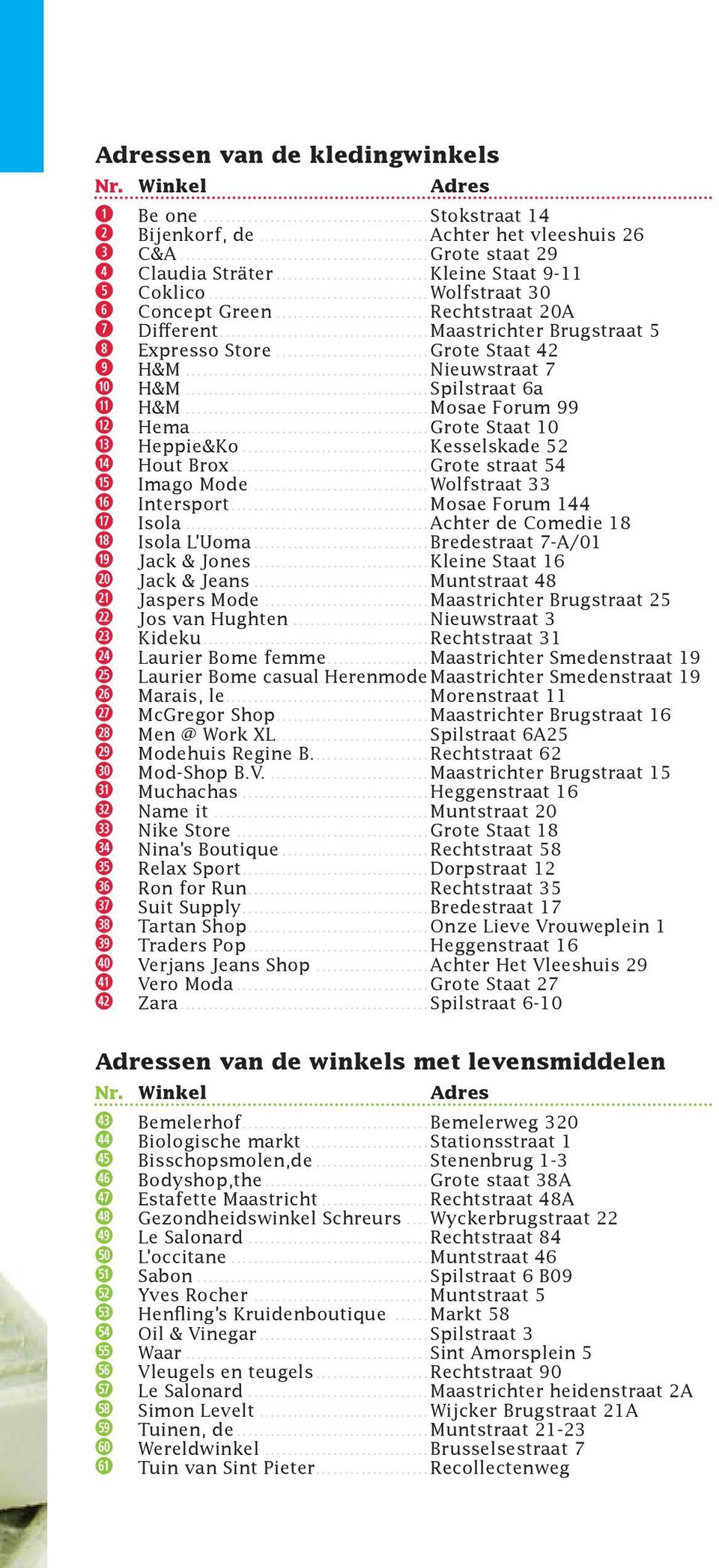 ..Spilstraat 6a s H&M...Mosae Forum 99 d Hema...Grote Staat 10 f Heppie&Ko...Kesselskade 52 g Hout Brox...Grote straat 54 h Imago Mode...Wolfstraat 33 j Intersport...Mosae Forum 144 k Isola.