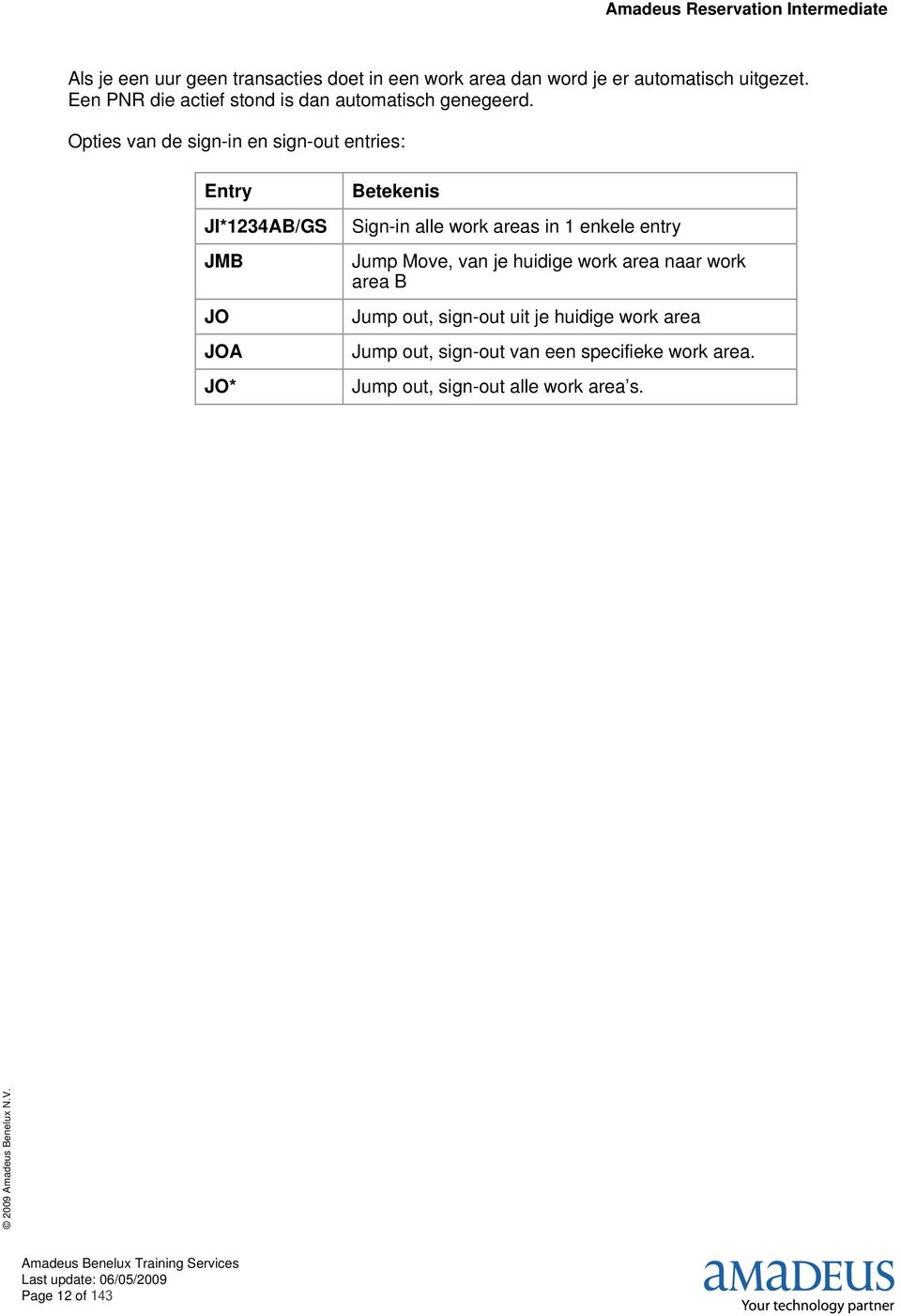 Opties van de sign-in en sign-out entries: Entry JI*1234AB/GS JMB JO JOA JO* Sign-in alle work areas in 1 enkele