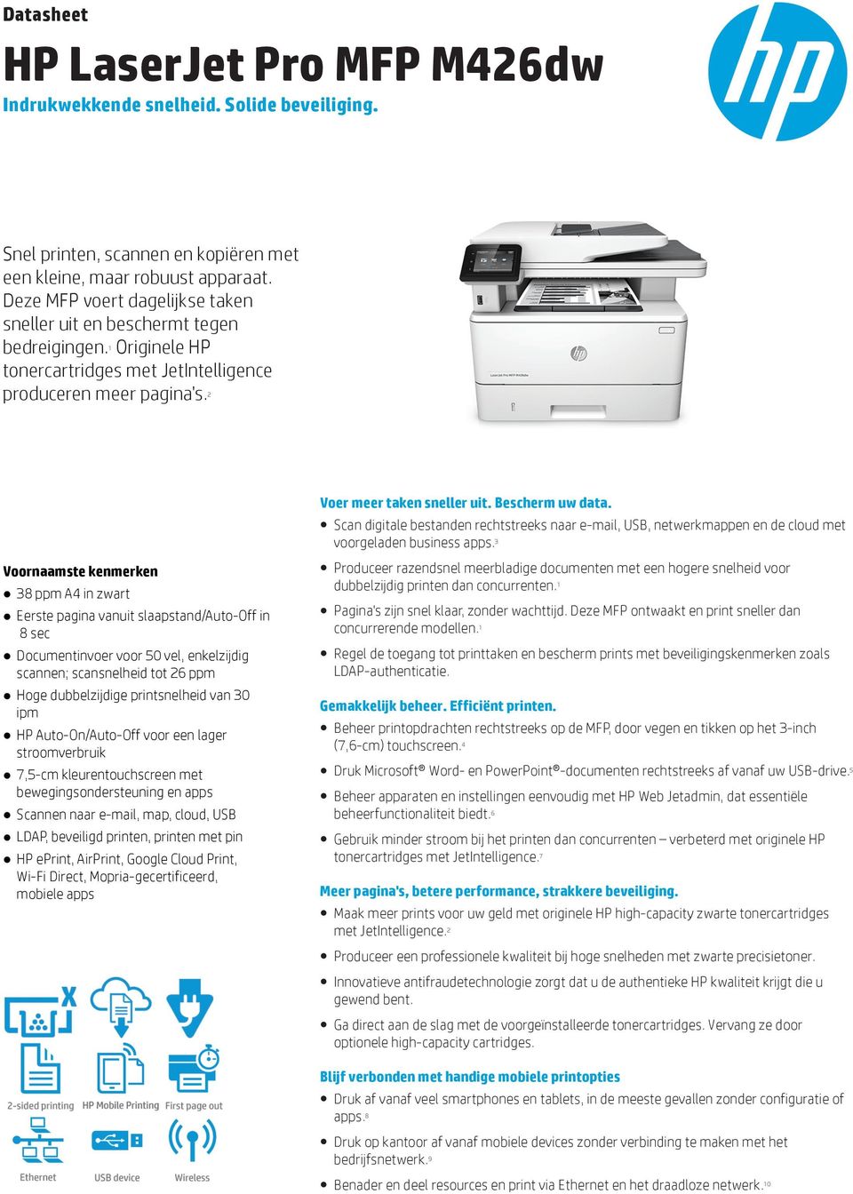 2 Voornaamste kenmerken 38 ppm A4 in zwart Eerste pagina vanuit slaapstand/auto-off in 8 sec Documentinvoer voor 50 vel, enkelzijdig scannen; scansnelheid tot 26 ppm Hoge dubbelzijdige printsnelheid