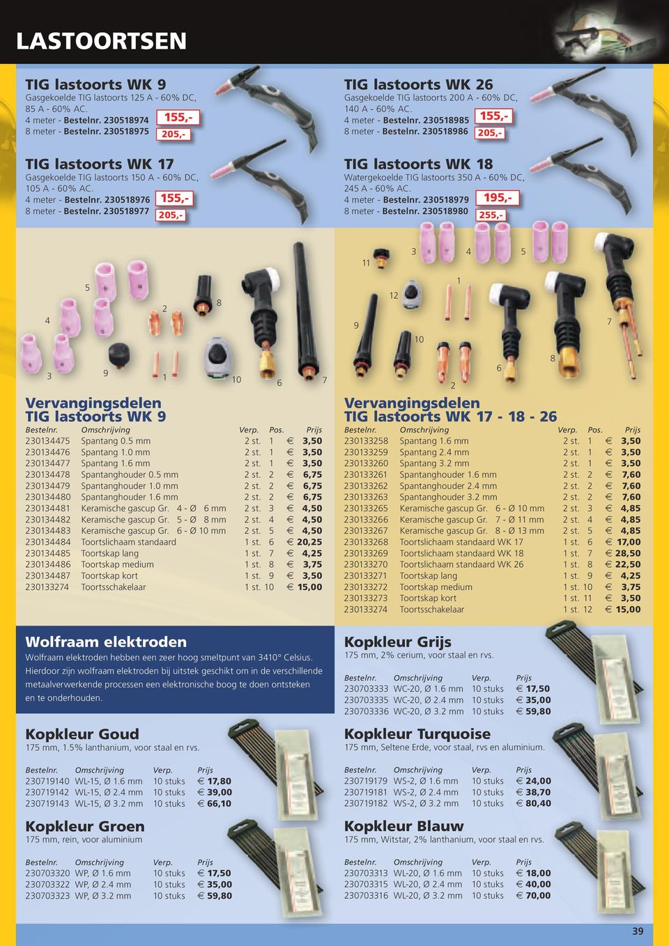 4 meter - 230518976 8 meter - 230518977 205,- 205,- 205,- TIG lastoorts WK 26 Gasgekoelde TIG lastoorts 200 A - 60% DC, 140 A - 60% AC.