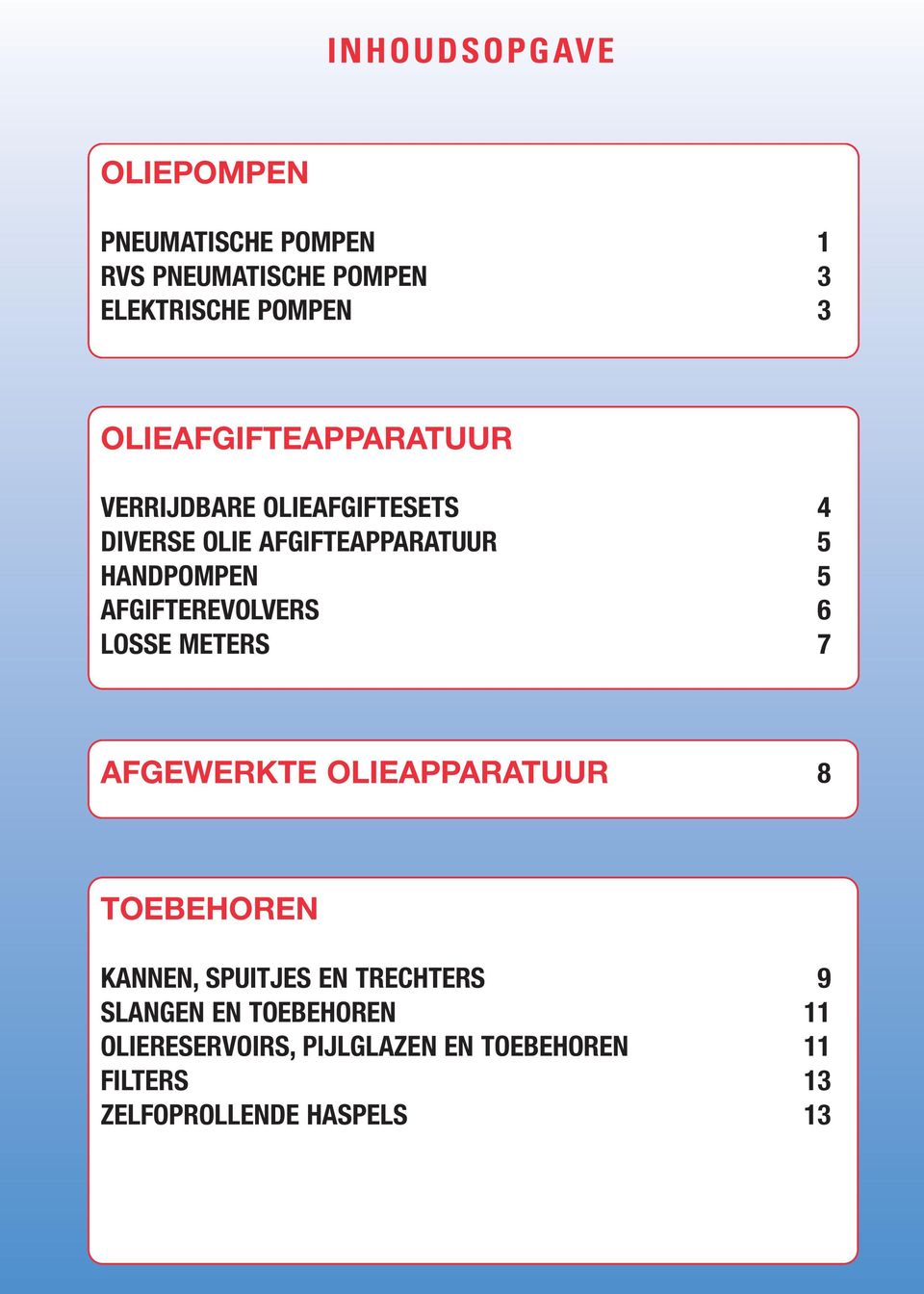 AFGIFTEREVOLVERS 6 LOSSE METERS 7 AFGEWERKTE OLIEAPPARATUUR 8 TOEBEHOREN KANNEN, SPUITJES EN