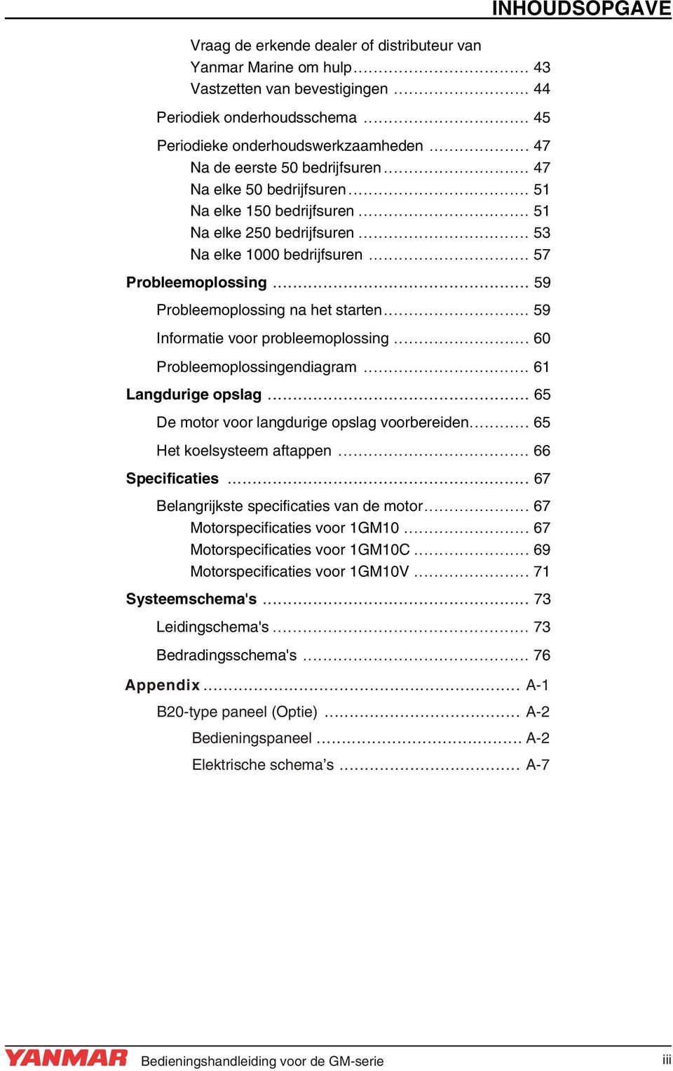 .. 59 Probleemoplossing na het starten... 59 Informatie voor probleemoplossing... 60 Probleemoplossingendiagram... 61 Langdurige opslag... 65 De motor voor langdurige opslag voorbereiden.