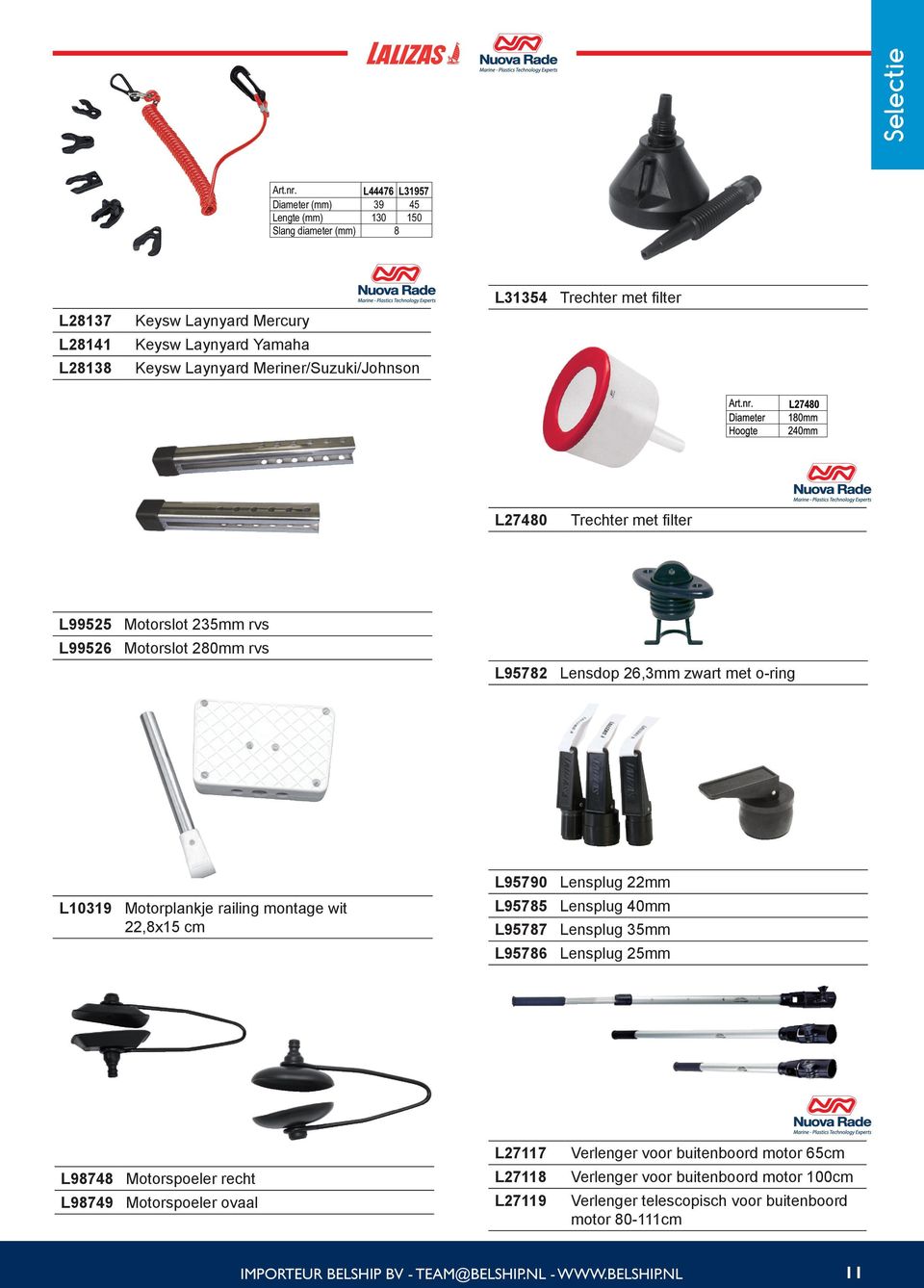 L31354 Trechter met filter L27480 Trechter met filter L99525 L99526 Motorslot 235mm rvs Motorslot 280mm rvs L95782 Lensdop 26,3mm zwart met o-ring L10319 Motorplankje railing montage