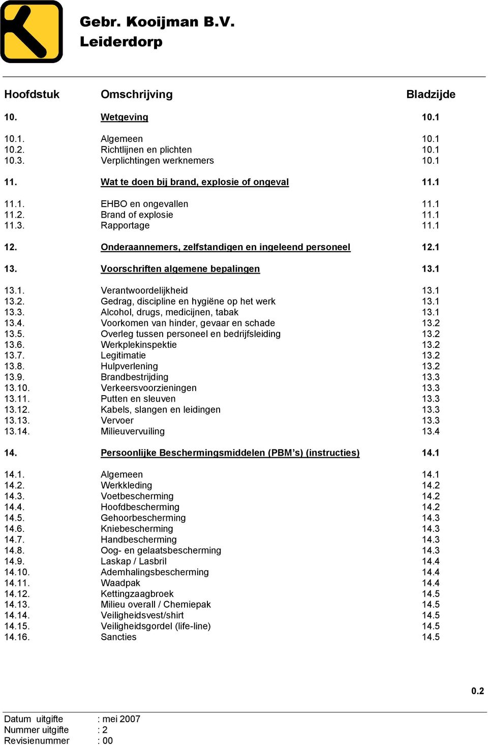 1 13.3. Alcohol, drugs, medicijnen, tabak 13.1 13.4. Voorkomen van hinder, gevaar en schade 13.2 13.5. Overleg tussen personeel en bedrijfsleiding 13.2 13.6. Werkplekinspektie 13.2 13.7.