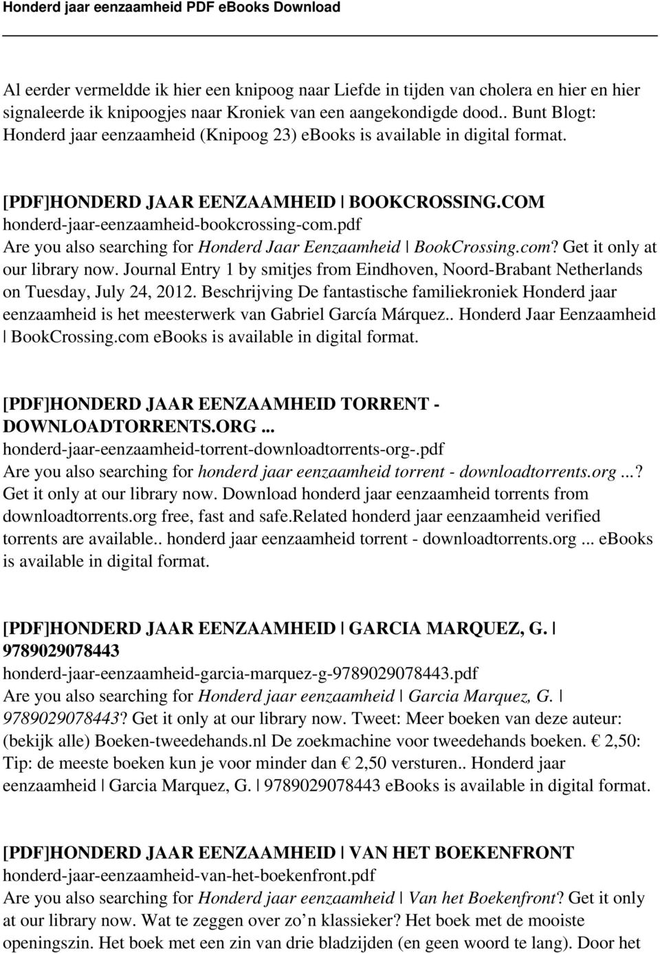 pdf Are you also searching for Honderd Jaar Eenzaamheid BookCrossing.com? Get it only at our library now.