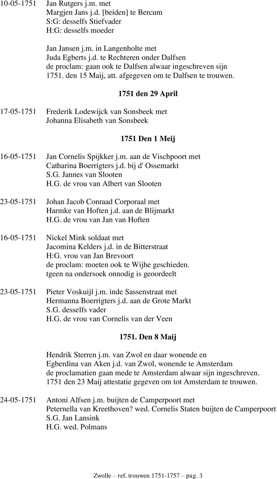 1751 den 29 April 17-05-1751 Frederik Lodewijck van Sonsbeek met Johanna Elisabeth van Sonsbeek 1751 Den 1 Meij 16-05-1751 Jan Cornelis Spijkker j.m. aan de Vischpoort met Catharina Boerrigters j.d. bij d' Ossemarkt S.