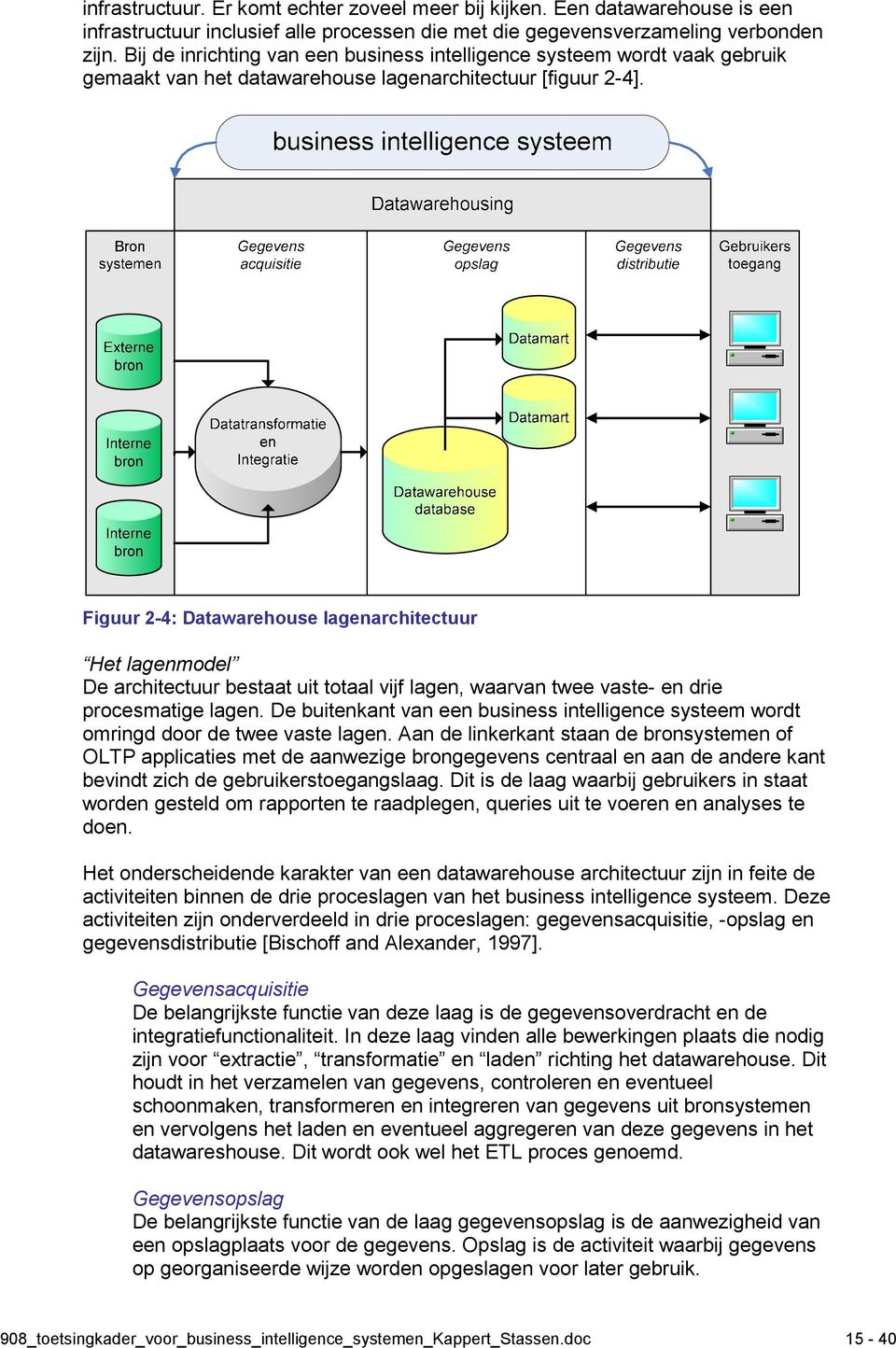 Figuur 2-4: Datawarehouse lagenarchitectuur Het lagenmodel De architectuur bestaat uit totaal vijf lagen, waarvan twee vaste- en drie procesmatige lagen.