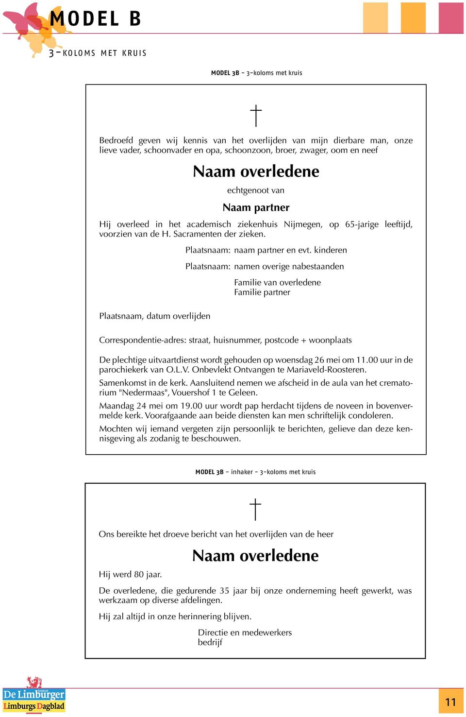 kinderen Plaatsnaam: namen overige nabestaanden Familie partner Correspondentie-adres: straat, huisnummer, postcode + woonplaats De plechtige uitvaartdienst wordt gehouden op woensdag 26 mei om 11.