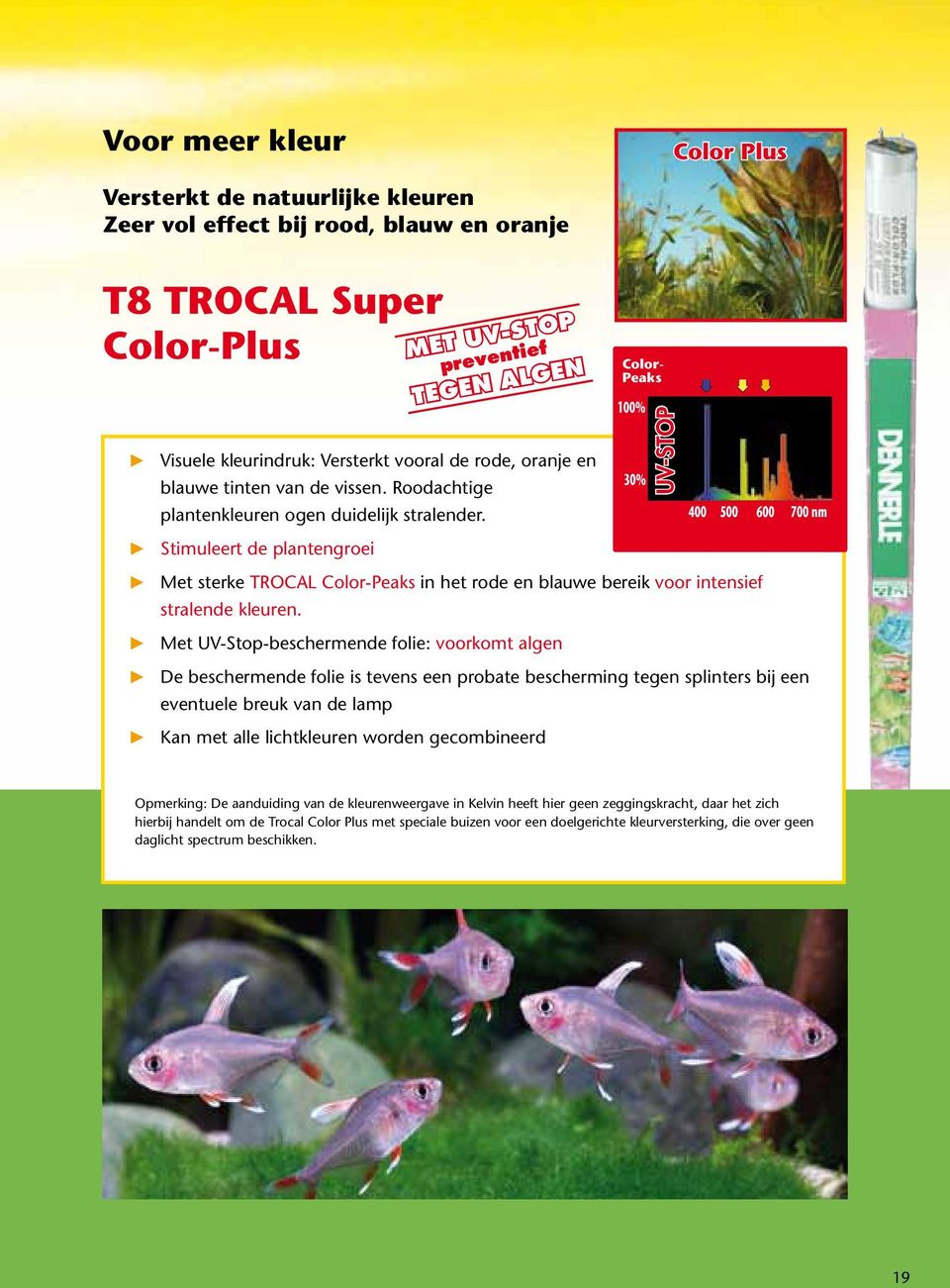 Stimuleert de plantengroei MET UV-STOP preventief TEGEN ALGEN Color- Peaks 100% 30% UV-STOP 400 500 600 700 nm Met sterke TROCAL Color-Peaks in het rode en blauwe bereik voor intensief stralende