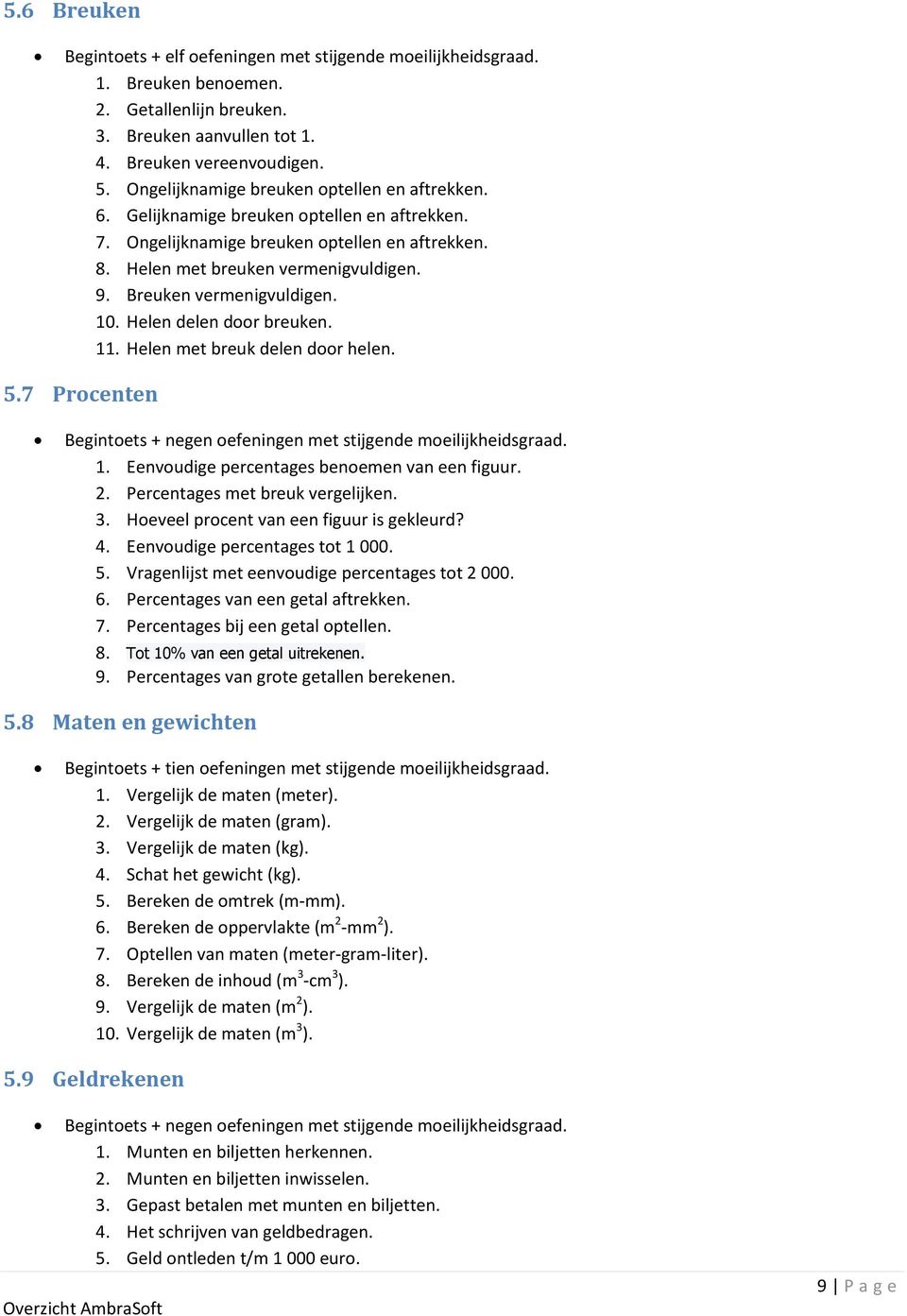 Breuken vermenigvuldigen. 10. Helen delen door breuken. 11. Helen met breuk delen door helen. 5.7 Procenten Begintoets + negen oefeningen met stijgende moeilijkheidsgraad. 1. Eenvoudige percentages benoemen van een figuur.