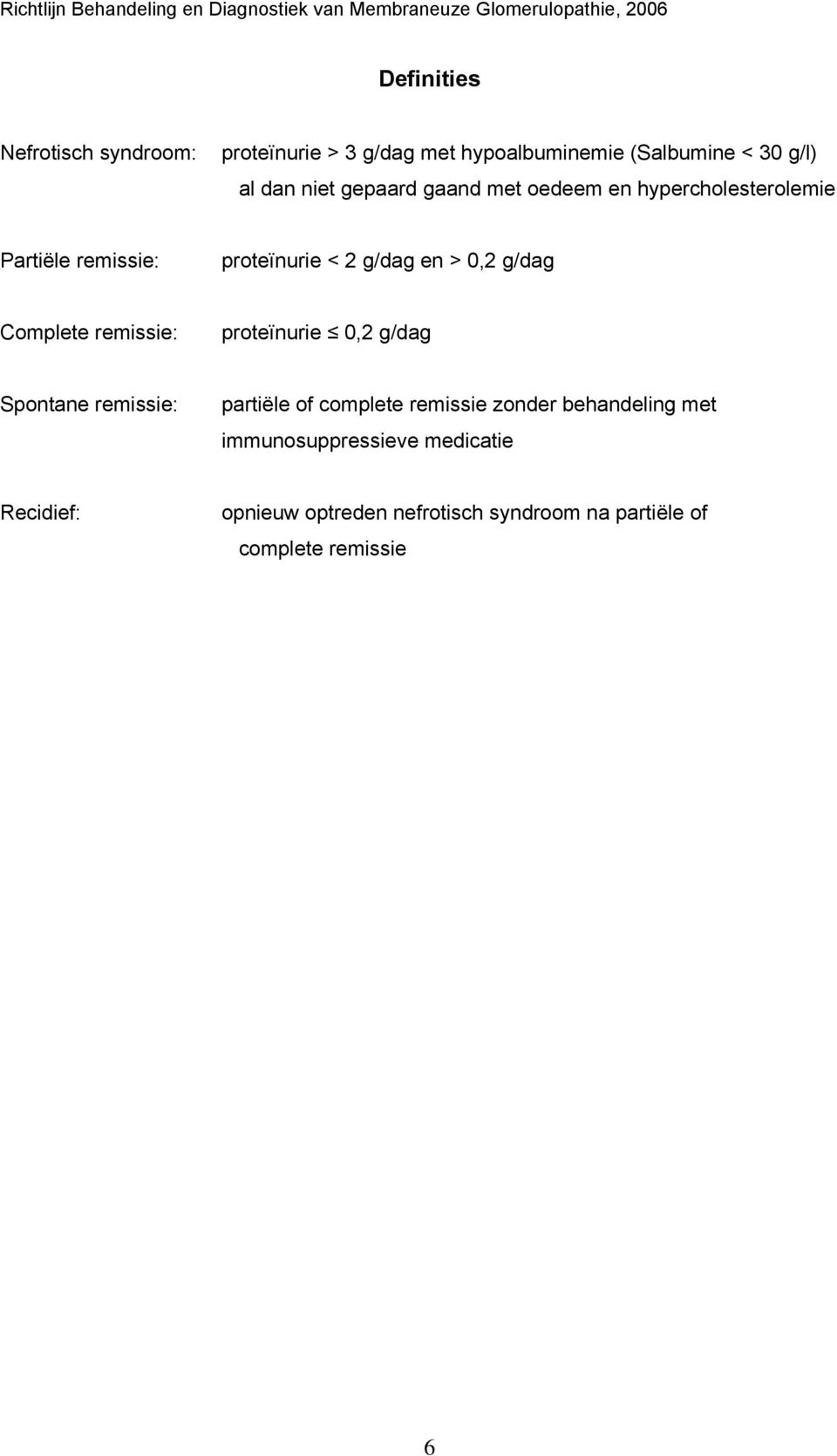 Complete remissie: proteïnurie 0,2 g/dag Spontane remissie: partiële of complete remissie zonder behandeling