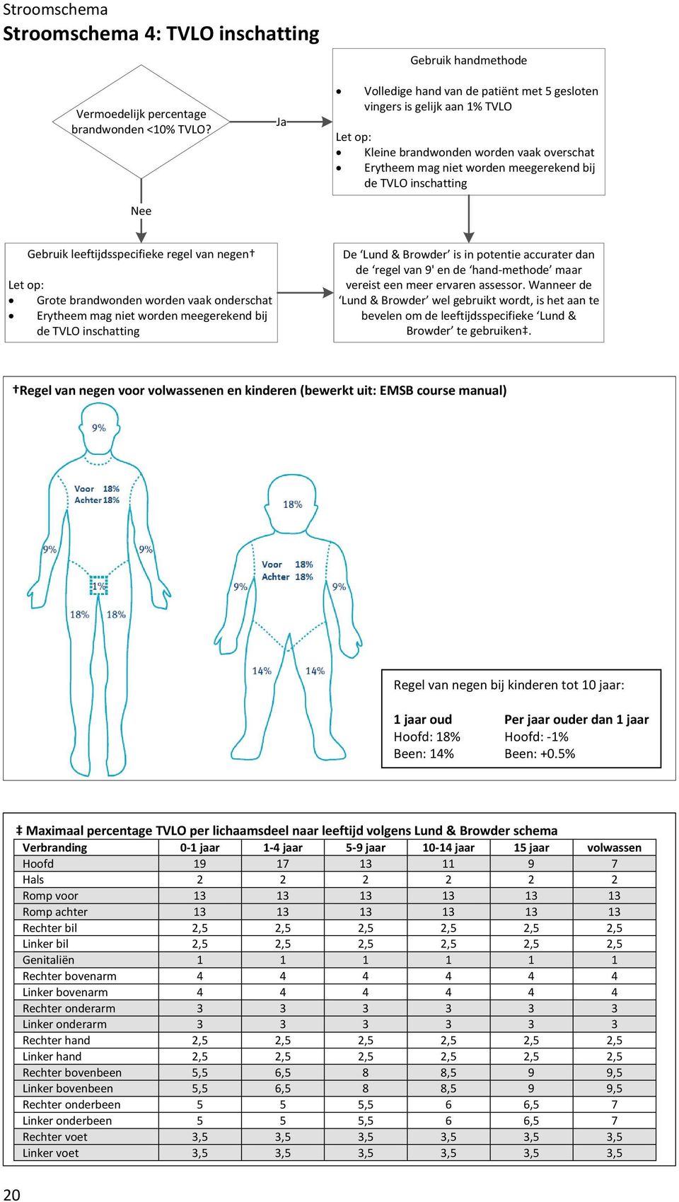 leeftijdsspecifieke regel van negen Let op: Grote brandwonden worden vaak onderschat Erytheem mag niet worden meegerekend bij de TVLO inschatting De Lund & Browder is in potentie accurater dan de