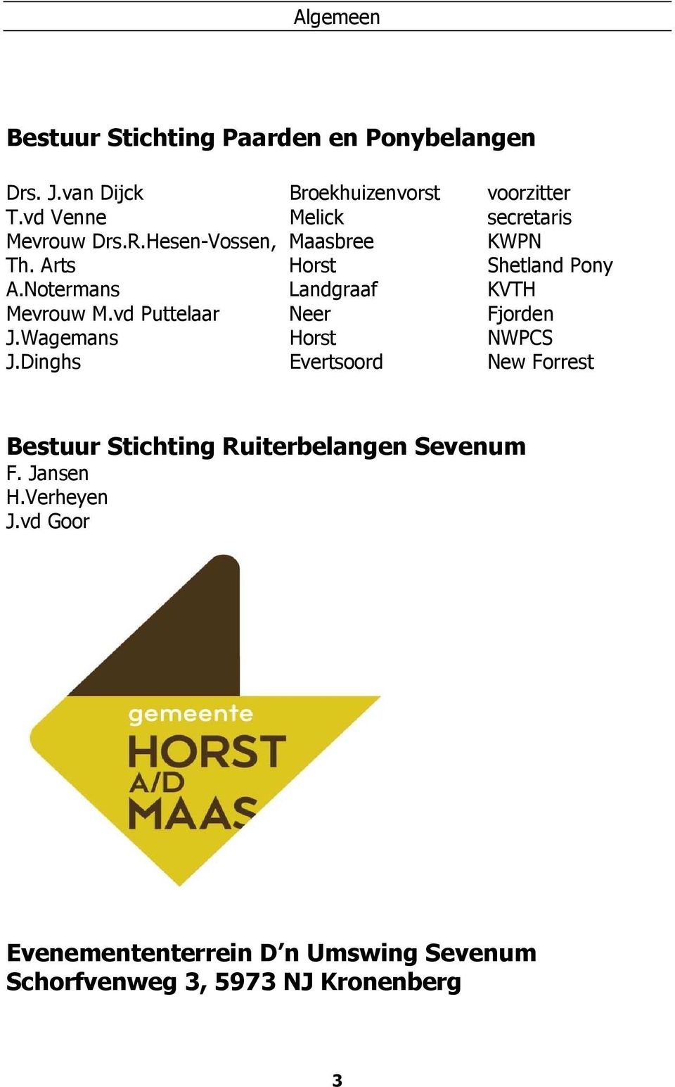 Notermans Landgraaf KVTH Mevrouw M.vd Puttelaar Neer Fjorden J.Wagemans Horst NWPCS J.