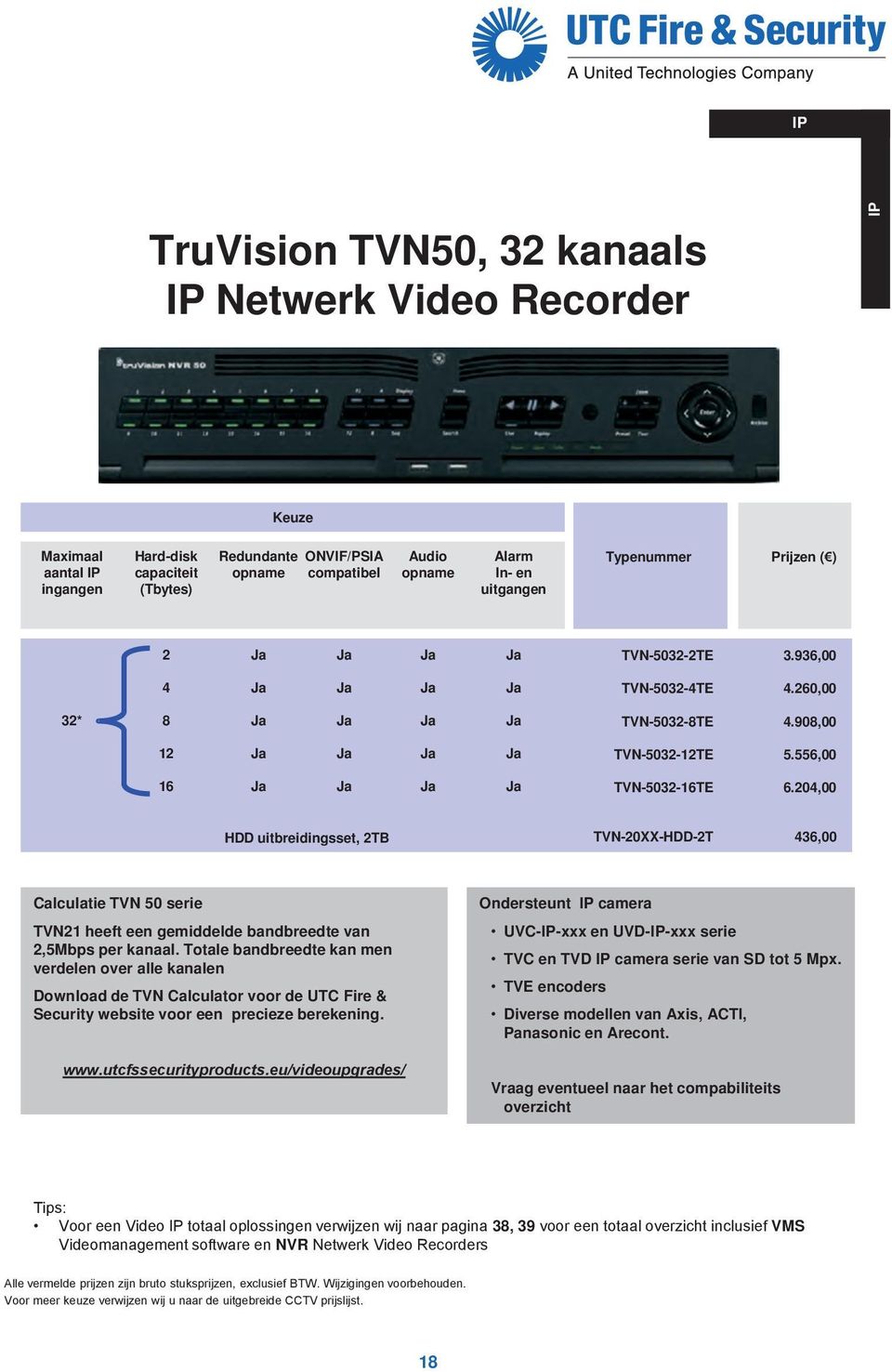 204,00 HDD uitbreidingsset, 2TB TVN-20-HDD-2T 436,00 Calculatie TVN 50 serie TVN21 heeft een gemiddelde bandbreedte van 2,5Mbps per kanaal.