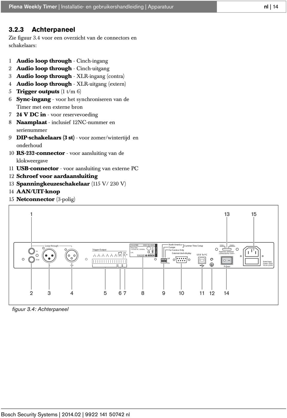 XLR-uitgang (extern) 5 Trigger outputs (1 t/m 6) 6 Sync-ingang - voor het synchroniseren van de Timer met een externe bron 7 24 V DC in - voor reservevoeding 8 Naamplaat - inclusief 12NC-nummer en