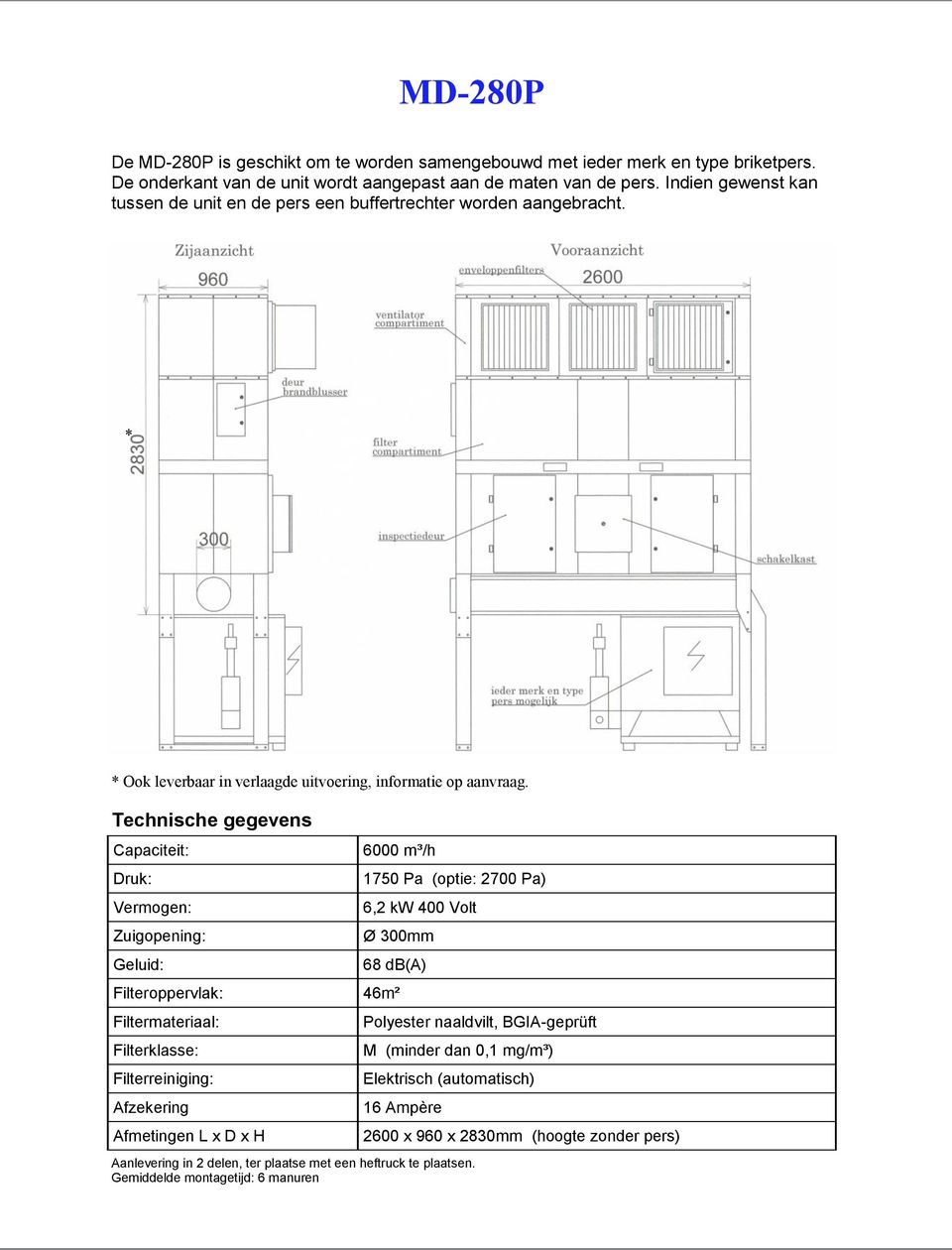 Technische gegevens Capaciteit: Druk: Vermogen: Zuigopening: Geluid: 6000 m³/h 1750 Pa (optie: 2700 Pa) 6,2 kw 400 Volt Ø 300mm 68 db(a) Filteroppervlak: 46m² Filtermateriaal: Filterklasse: