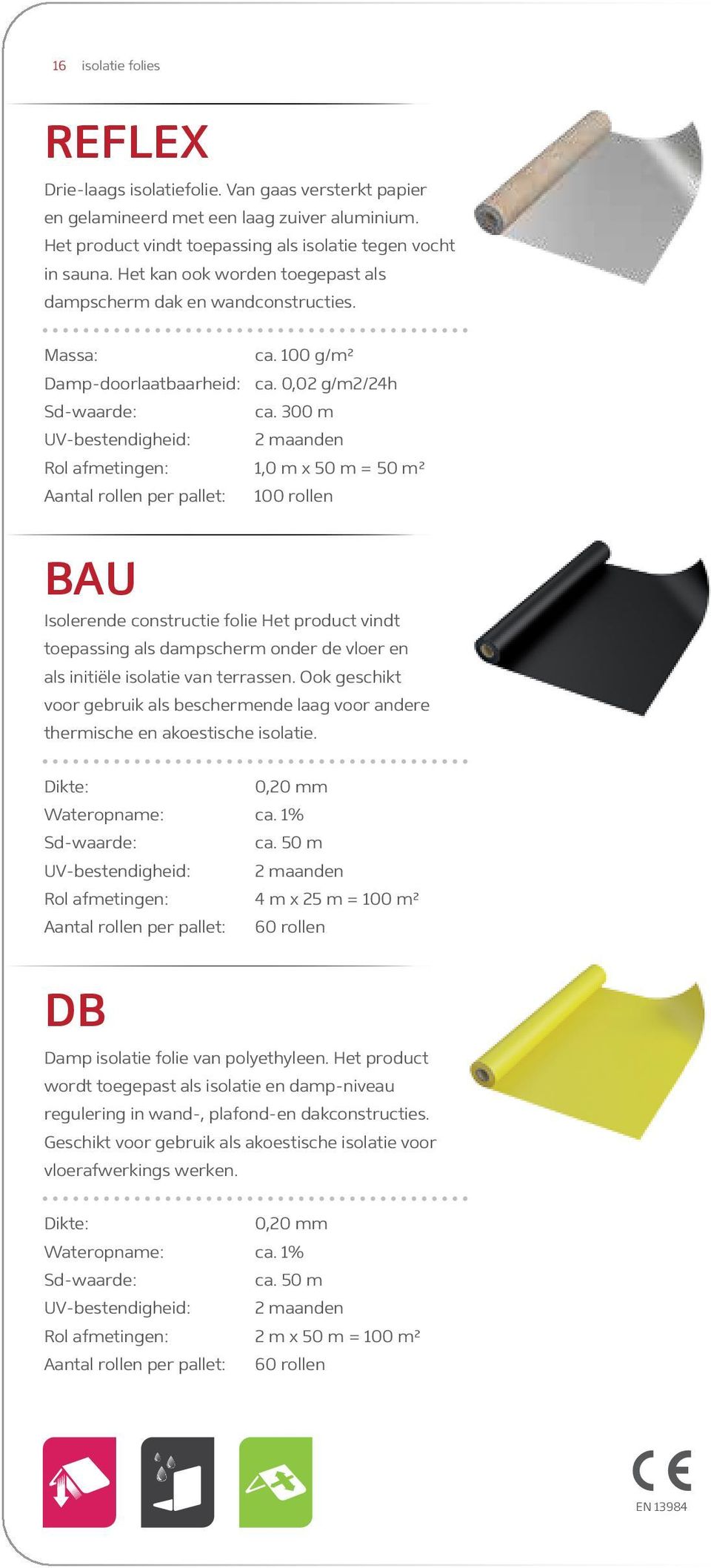 300 m 1,0 m x 50 m = 50 m² 100 rollen BAU Isolerende constructie folie Het product vindt toepassing als dampscherm onder de vloer en als initiële isolatie van terrassen.