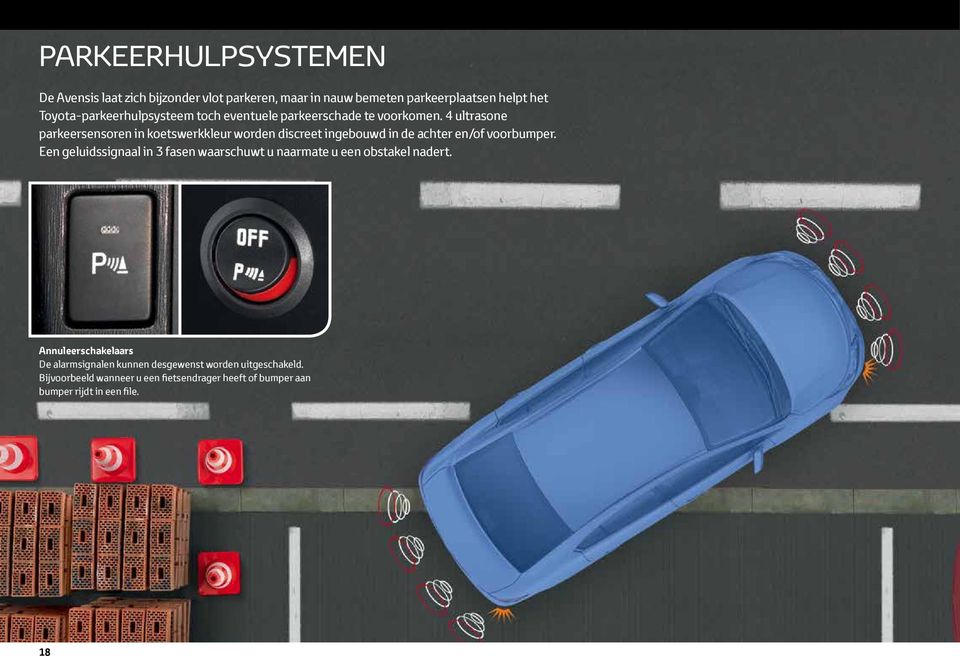 4 ultrasone parkeersensoren in koetswerkkleur worden discreet ingebouwd in de achter en/of voorbumper.