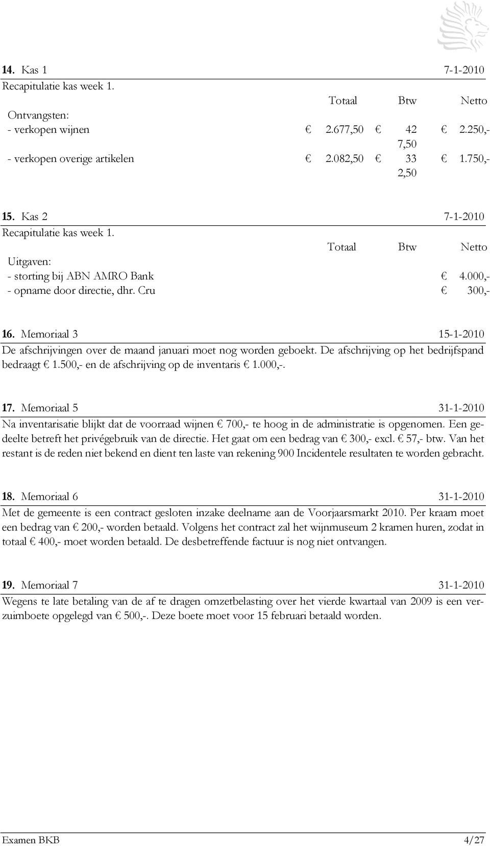 Memoriaal 3 15-1-2010 De afschrijvingen over de maand januari moet nog worden geboekt. De afschrijving op het bedrijfspand bedraagt 1.500,- en de afschrijving op de inventaris 1.000,-. 17.