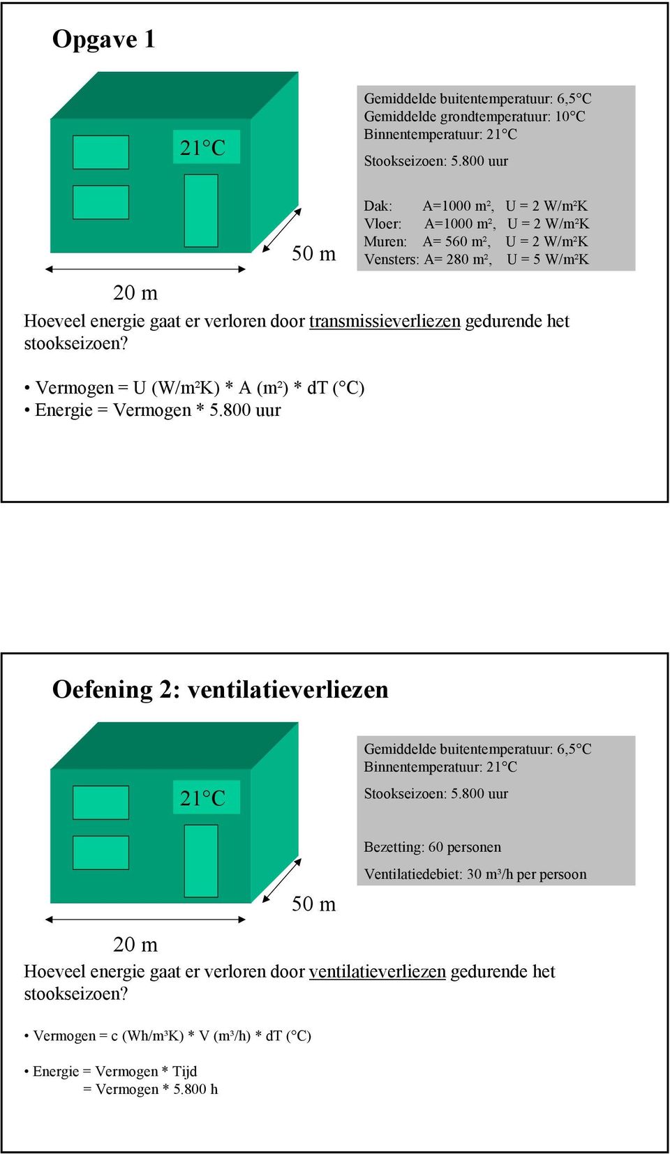 Vermogen = U (W/m²K) * A (m²) * dt ( C) Energie = Vermogen * 5.