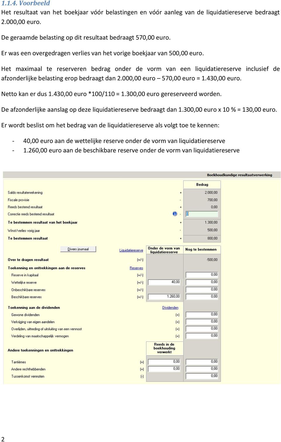 Het maximaal te reserveren bedrag onder de vorm van een liquidatiereserve inclusief de afzonderlijke belasting erop bedraagt dan 2.000,00 euro 570,00 euro = 1.430,00 euro. Netto kan er dus 1.