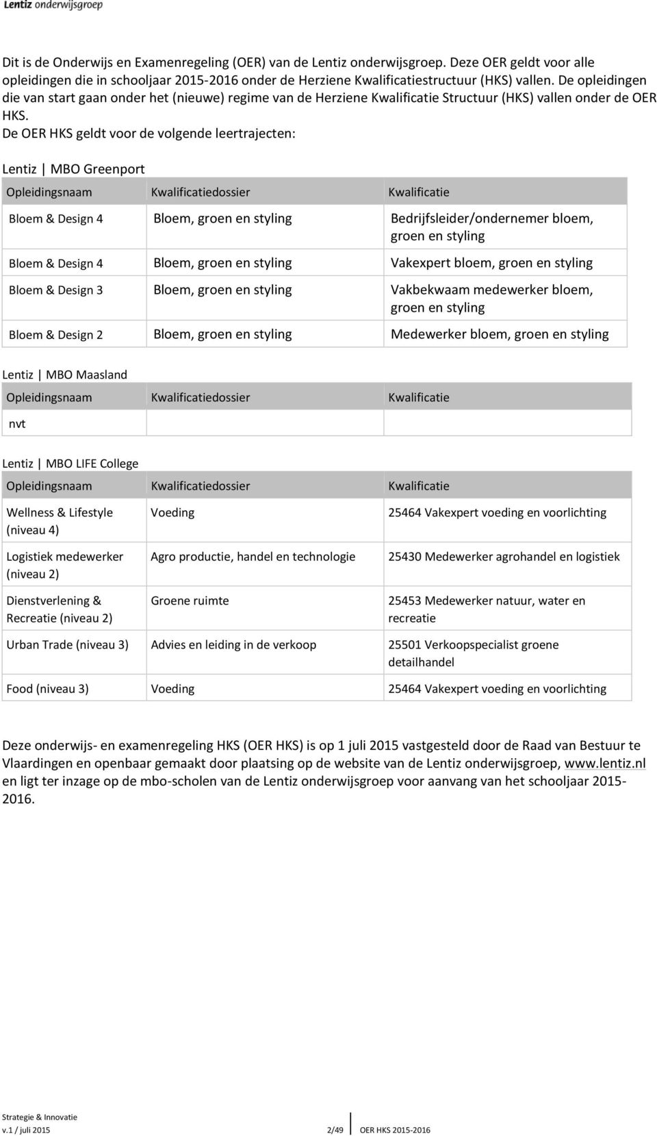De OER HKS geldt voor de volgende leertrajecten: Lentiz MBO Greenport Opleidingsnaam Kwalificatiedossier Kwalificatie Bloem & Design 4 Bloem, groen en styling Bedrijfsleider/ondernemer bloem, groen