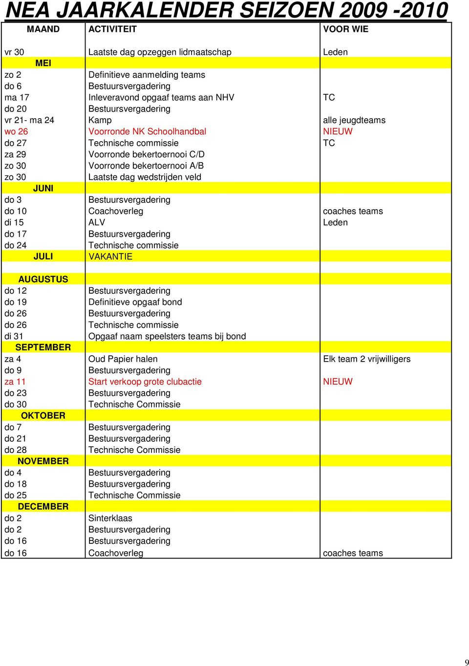 wedstrijden veld JUNI do 3 do 10 Coachoverleg coaches teams di 15 ALV Leden do 17 do 24 Technische commissie JULI VAKANTIE AUGUSTUS do 12 do 19 Definitieve opgaaf bond do 26 do 26 Technische