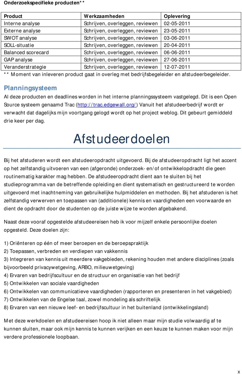 reviewen 27-06-2011 Veranderstrategie Schrijven, overleggen, reviewen 12-07-2011 ** Moment van inleveren product gaat in overleg met bedrijfsbegeleider en afstudeerbegeleider.