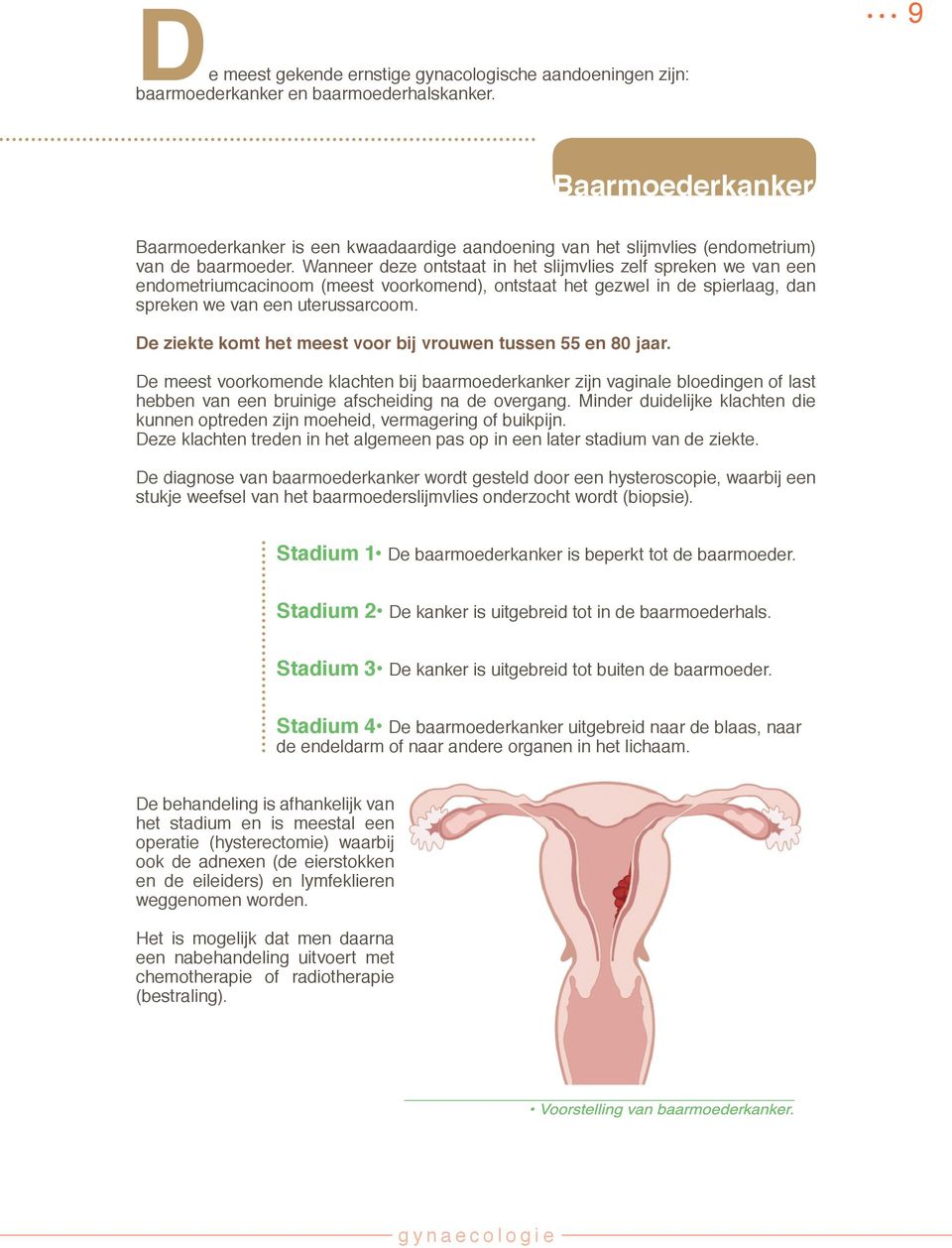 Wanneer deze ontstaat in het slijmvlies zelf spreken we van een endometriumcacinoom (meest voorkomend), ontstaat het gezwel in de spierlaag, dan spreken we van een uterussarcoom.